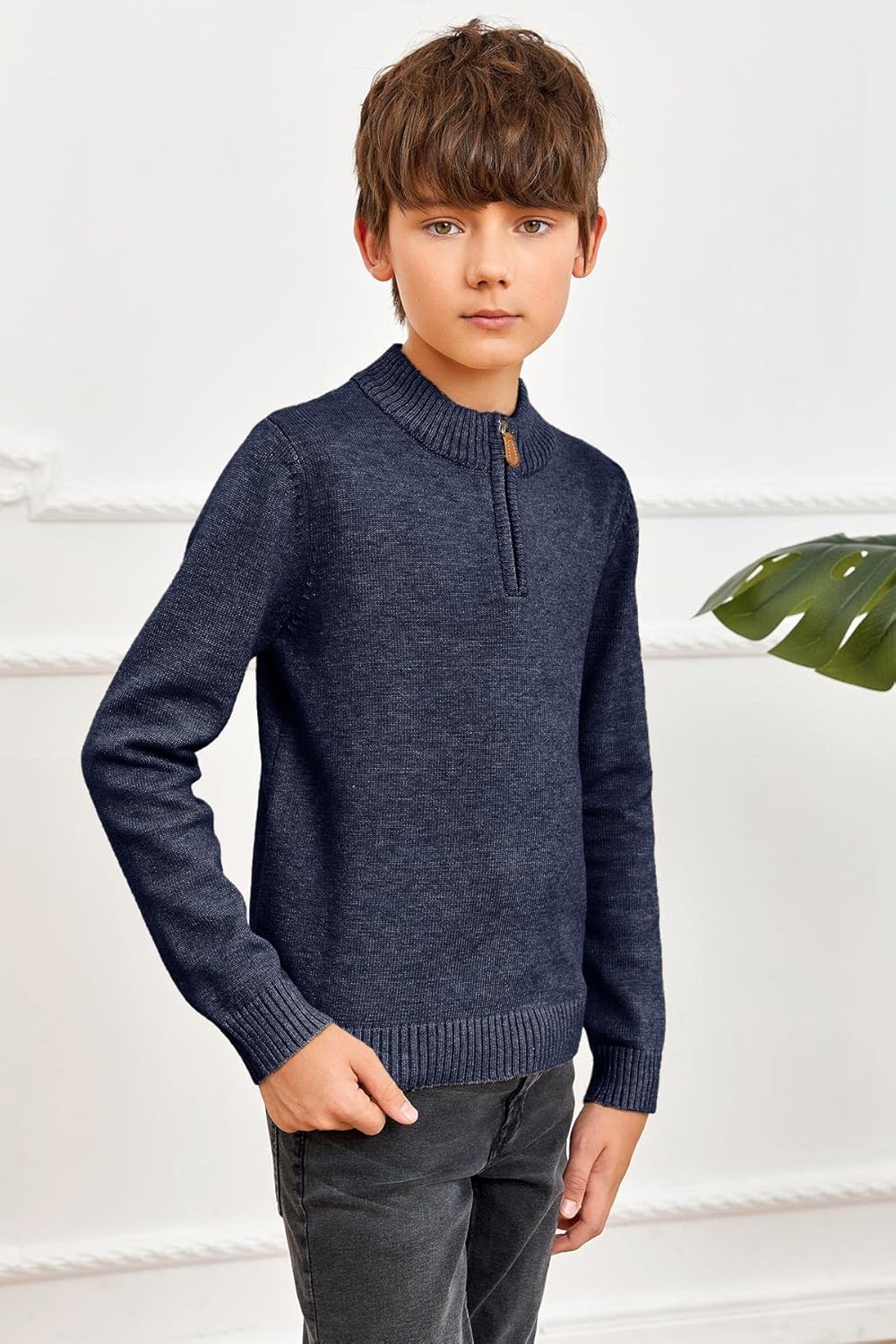 GAMISOTE Boys Sweater Quarter Zip Up Chunky Knit Mock Neck Warm Pullver Kids Knitwear - Image 5