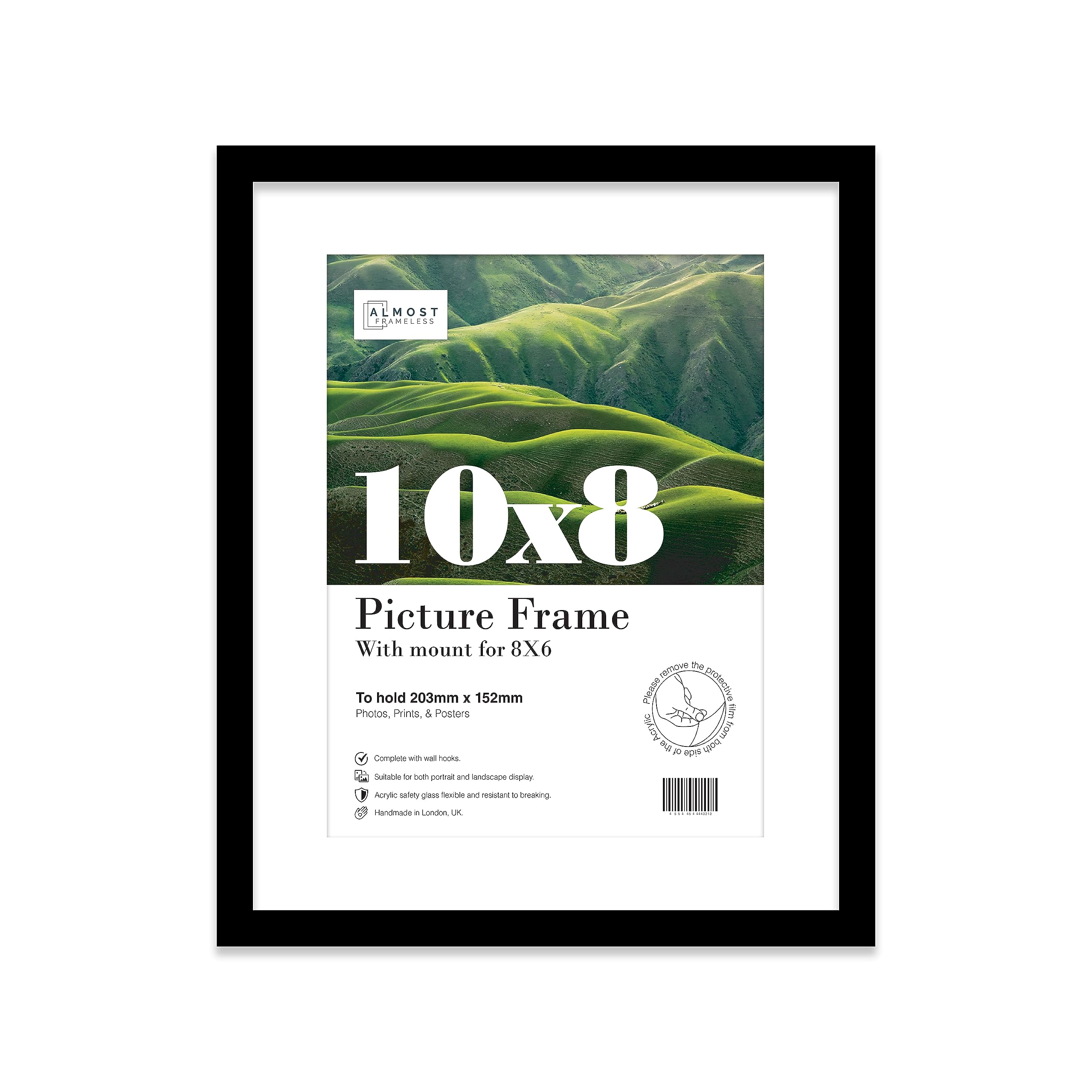 Almost Frameless 10x8 Black Picture Frame With Mount for 8x6 Print, Poster or Photo Poster, Photo, Artwork, or Print. Thin Edge Slim Frame Portrait and Landscape Display with Wall Hooks