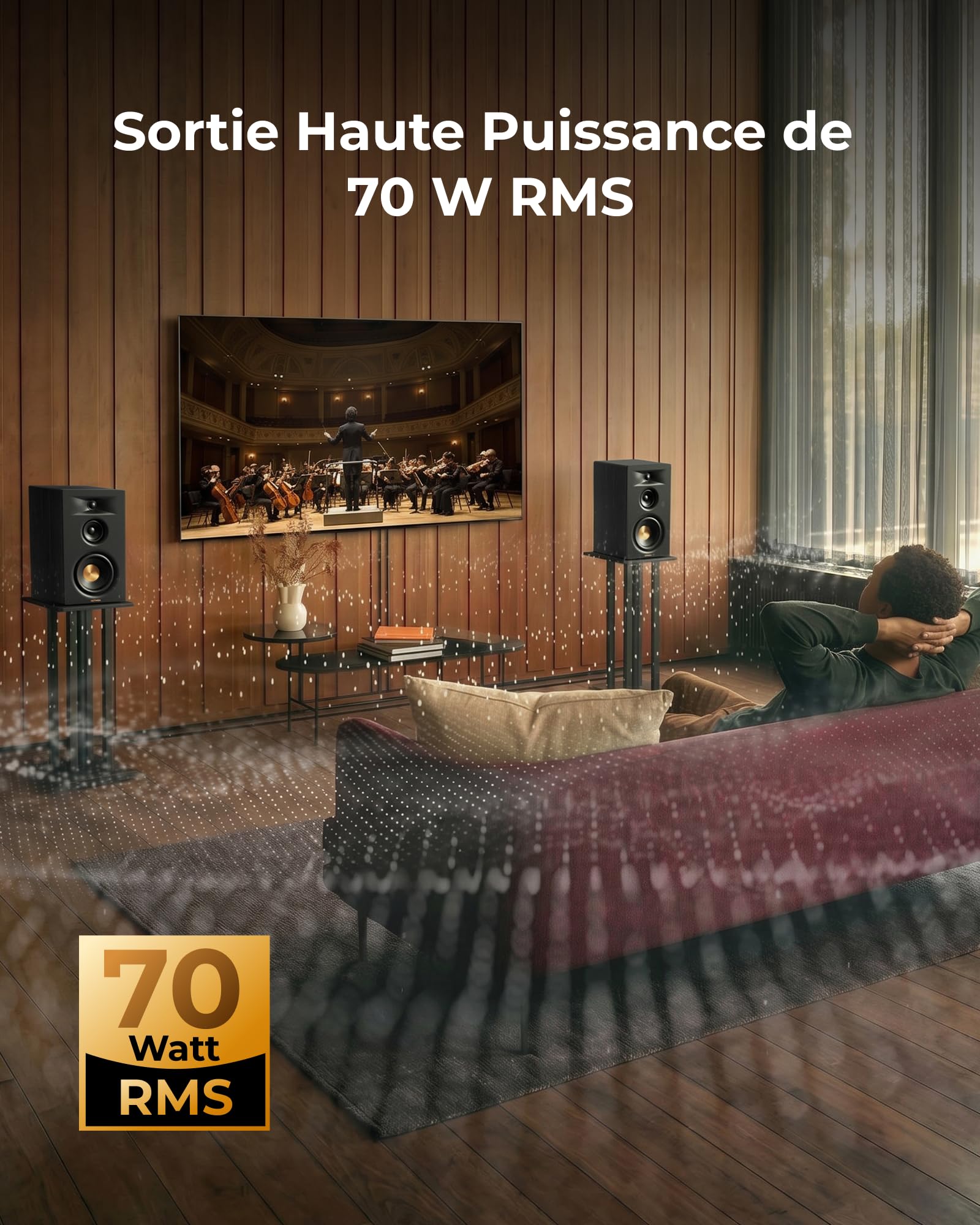 ULTIMEA Enceintes Bibliothèque Actives 3 Voies avec Woofer 5,25'', 70W RMS, App, Edge Horn & BassMX, Sortie SUB & HDMI Arc pour Home Cinéma, PC, Bluetooth 6.0, Auracast, Design sans Grille, BS-3