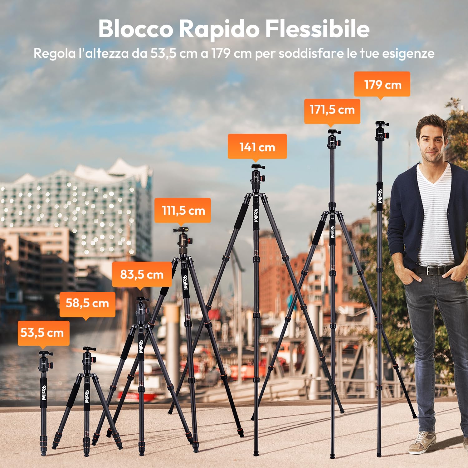 Rollei C6i Treppiede Fotocamera Nero, 171,5cm Cavalletto Fotografico Carbonio Viaggio con Testa Sfera a 360° Tripod Camera per Sony Canon Nikon DSLR Treppiede per Smartphone con Supporto per Telefono