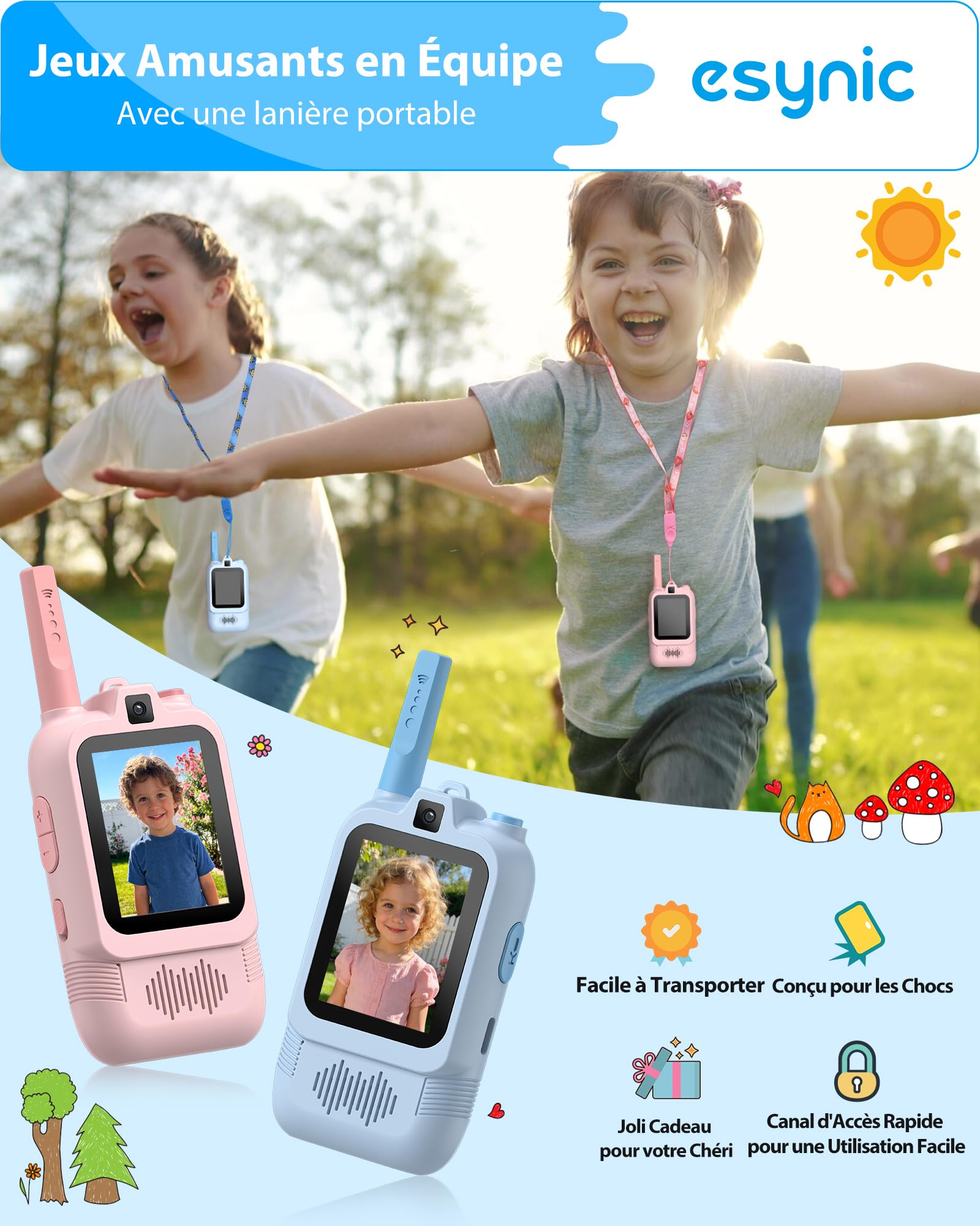 eSynic Talkie Walkie Enfants Double Caméra Appels Vidéo Portée 500m Rechargeable Rose+Bleu