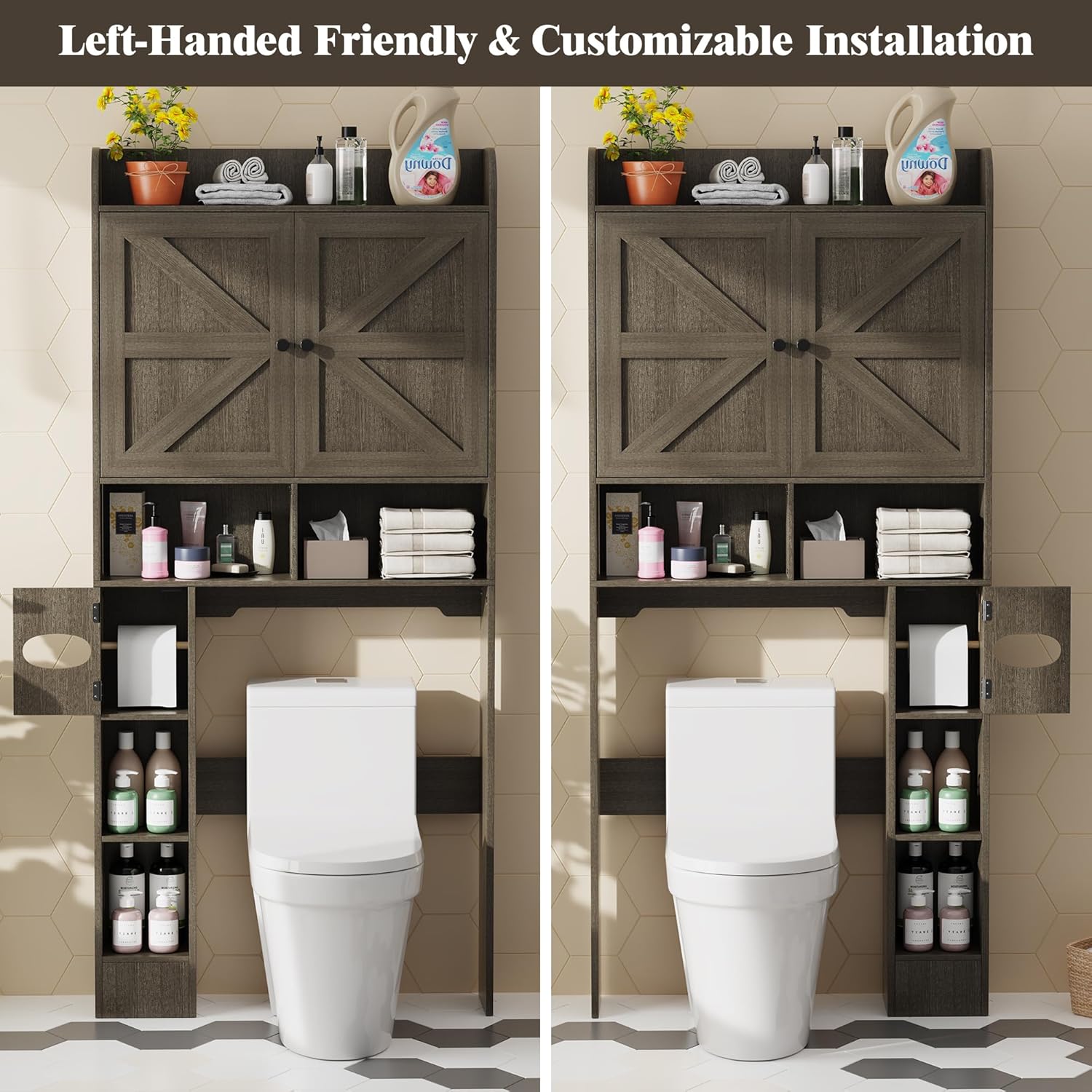 Vipbear Freestanding Wooden Over The Toilet Storage Cabinet with 2 Barn Doors, Toilet Paper Holder, Anti-Tip Device & Adjustable Shelf, Ideal for Bathroom, Restroom & Laundry