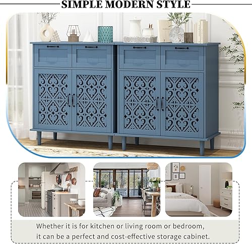 Miniatura 5 de Armario de almacenamiento de cocina con cajones - Armario decorativo con puerta tallada, aparador de piso buffet con almacenamiento, pequeña Azul_2