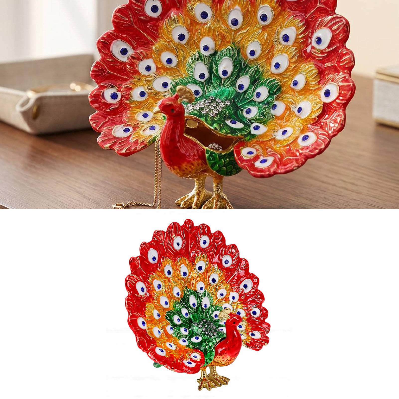 Luocute Caja de Baratija de Pavo Real Esmaltada, Joyero Pintado a Mano con Diamantes de Imitación y Cierre Magnético, para Decoración del Hogar (rojo)