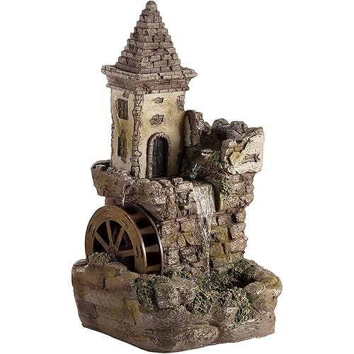 Alpine Corporation USA1164 Outdoor Floor Tiered Fairy Castle Waterwheel Water Fountain with Realistic Stone Look, 35", Brown