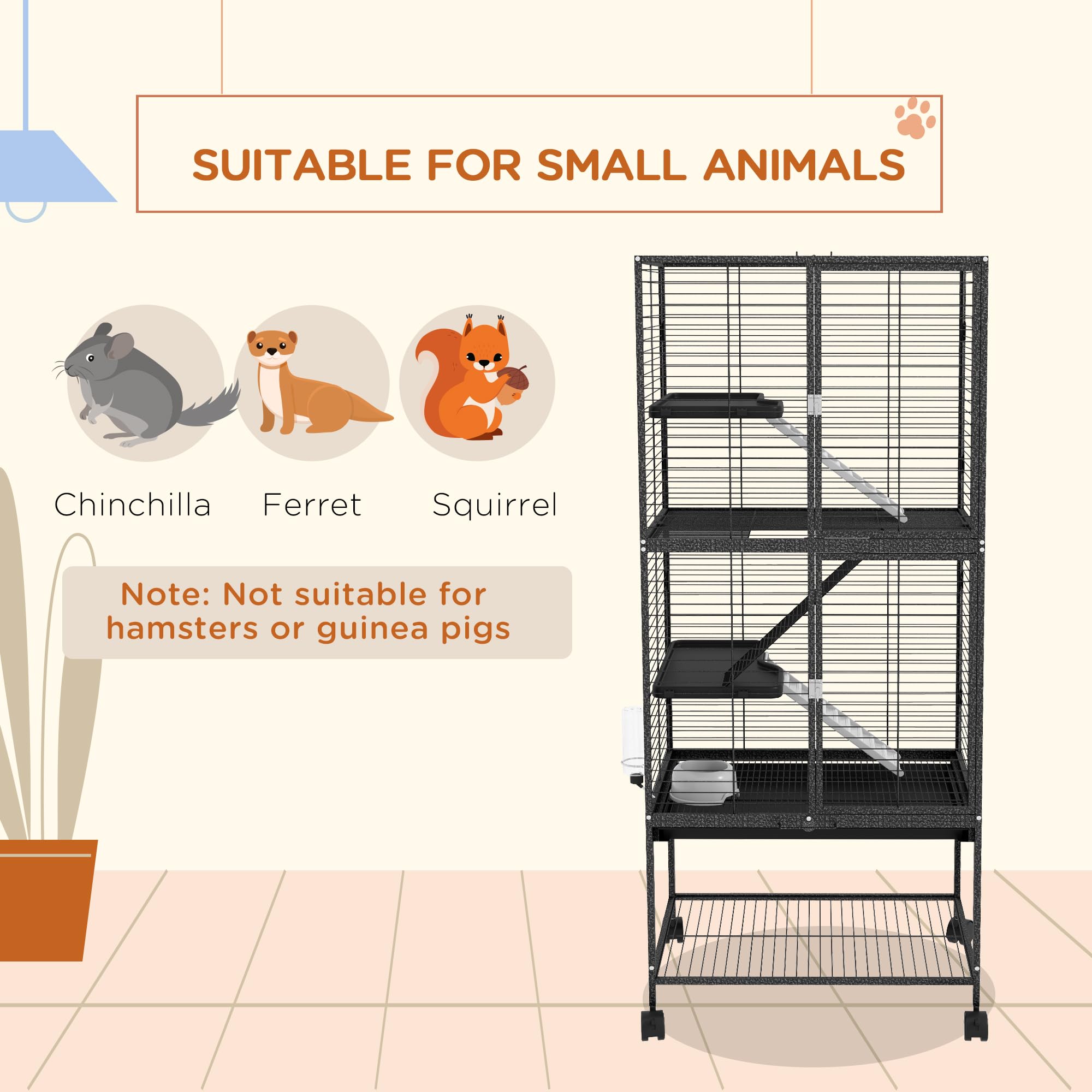 PawHut Jaula para hurón rodante para animales pequeños, jaula para mascotas de 4 niveles, 136 cm de altura para chinchillas, ardillas con 3 puertas, estante de almacenamiento, bandeja, cuenco, botella
