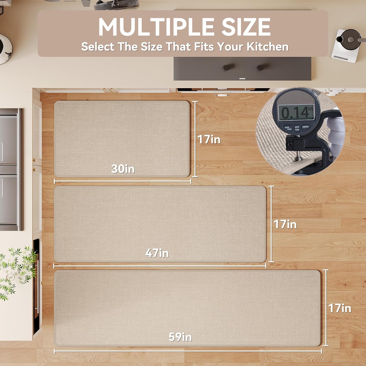 kitchen mats for floor, super absorbent kitchen rugs non slip washable, soft imitation linen braided kitchen runner rug, standing mat kitchens sink mat, easy to clean, beige 17x95 17"x95" a- beige