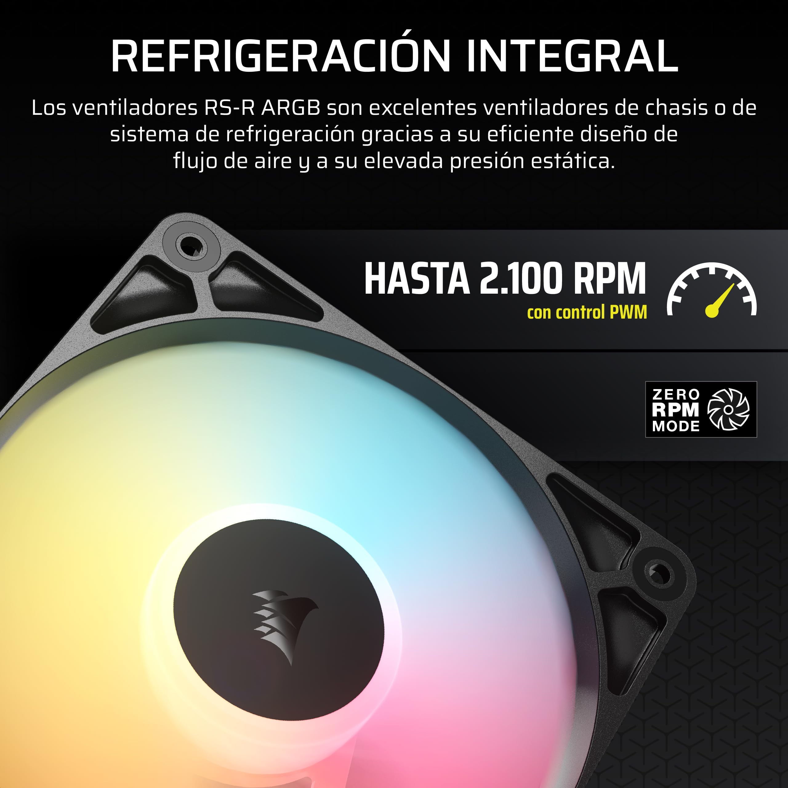 CORSAIR RS120-R ARGB 120mm PWM Ventilador Flujo Inverso – Conexiones ARGB de +5V, 8 LED RGB, Alta Presión, Cadena Daisy, Rodamiento Magnético, Zero RPM, Pack de 3 – Negro