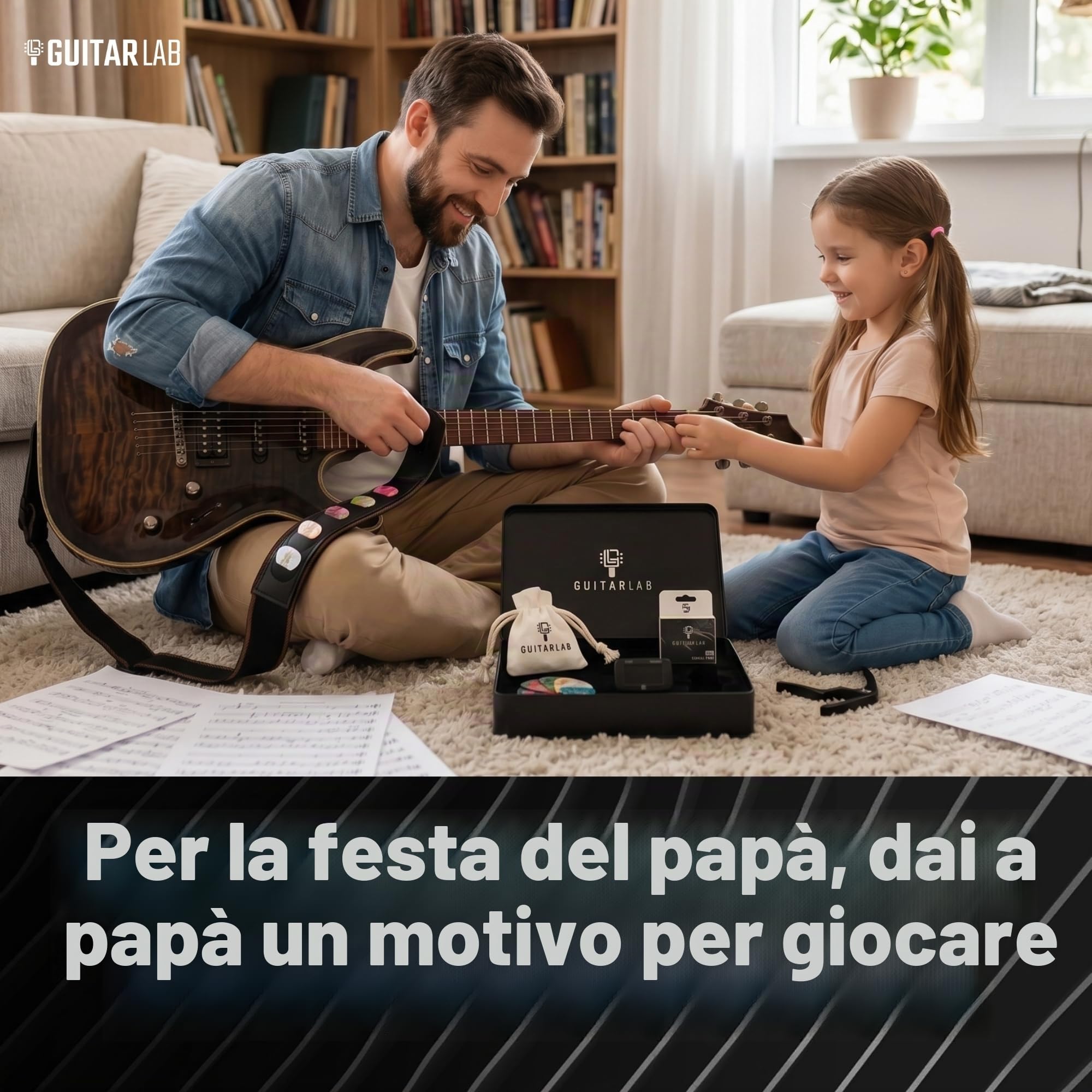 Guitar Lab Kit di accessori per chitarra – Scatola in metallo di alta qualità con cinghia per chitarra, capotasto e sintonizzatore per chitarra elettronica a clip, plettri acustici, bassi