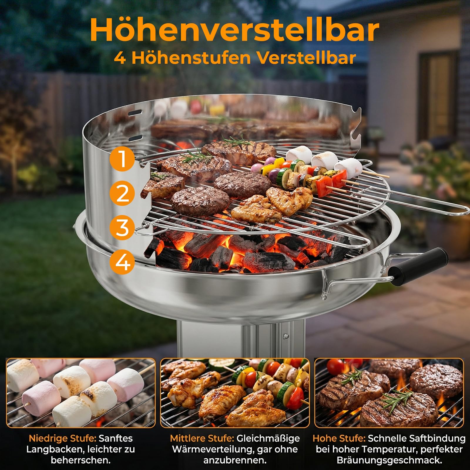 TLGREEN Grill kolumnowy ze stali nierdzewnej, 58 x 42 x 85 cm, grill na świeżym powietrzu z chromowanym grillem, szuflada na popiół i wentylację, 4-stopniowa regulacja wysokości, do ogrodu, na grilla