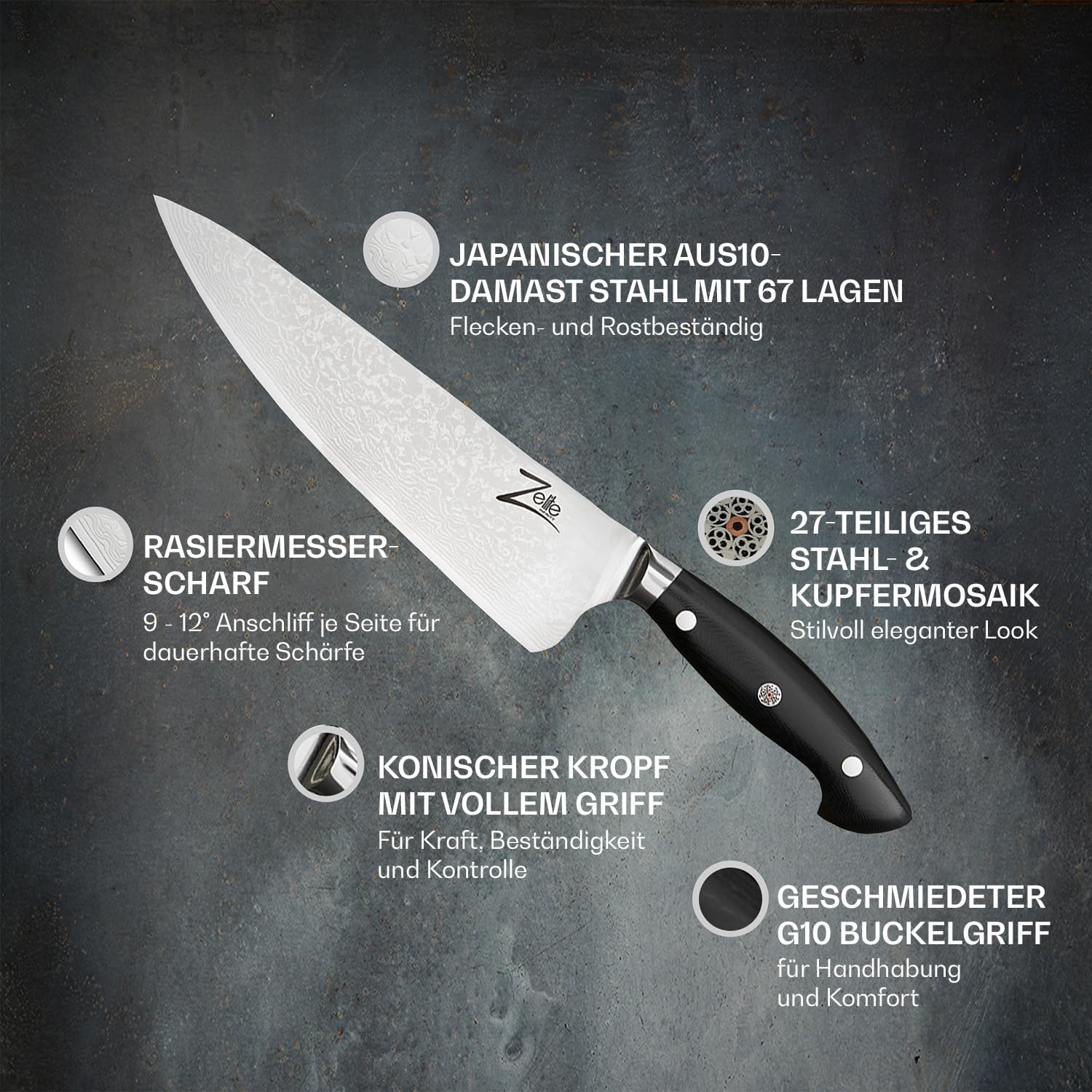 Küchenmesser 20 cm – Executive-Plus-Serie – 67-lagiges Damastmesser aus Japanischem VG-10 Super-Stahl – mit Tiefer 56mm Schneide und Lederscheide