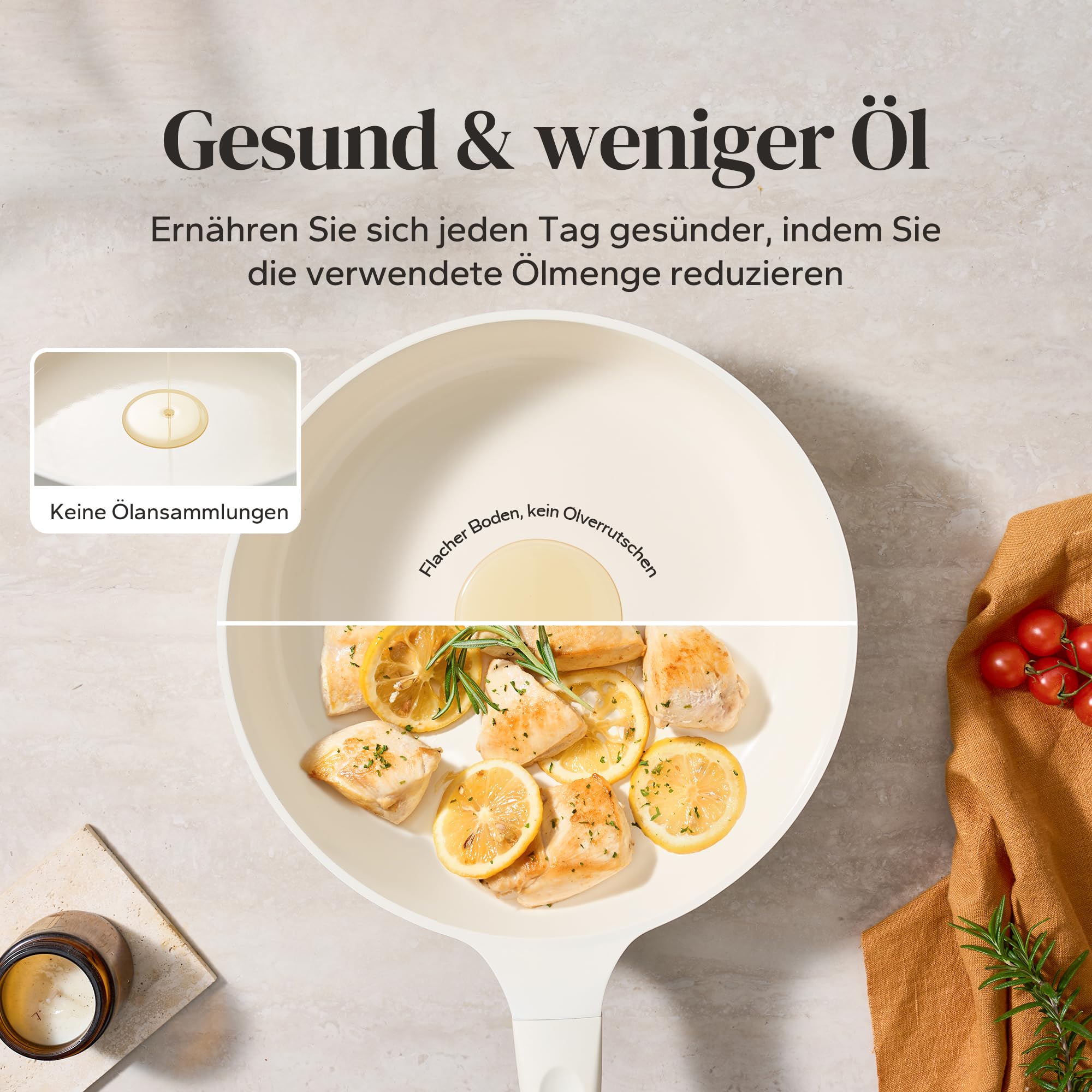 Redchef Patelnia 28 cm z pokrywką, ceramiczna patelnia nieprzywierająca do kuchenek indukcyjnych, do omletów, nie zawiera PTFE, PFAS, PFOA