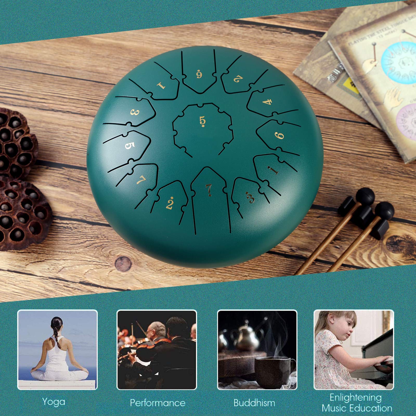 Stalowe bębny językowe Instrumenty, stalowy bęben dla dzieci dorosłych, 13 notatek 12 cali Dia Instrument perkusyjny Handpan Drum z torbą, książka muzyczna, młotki, wspornik młotka