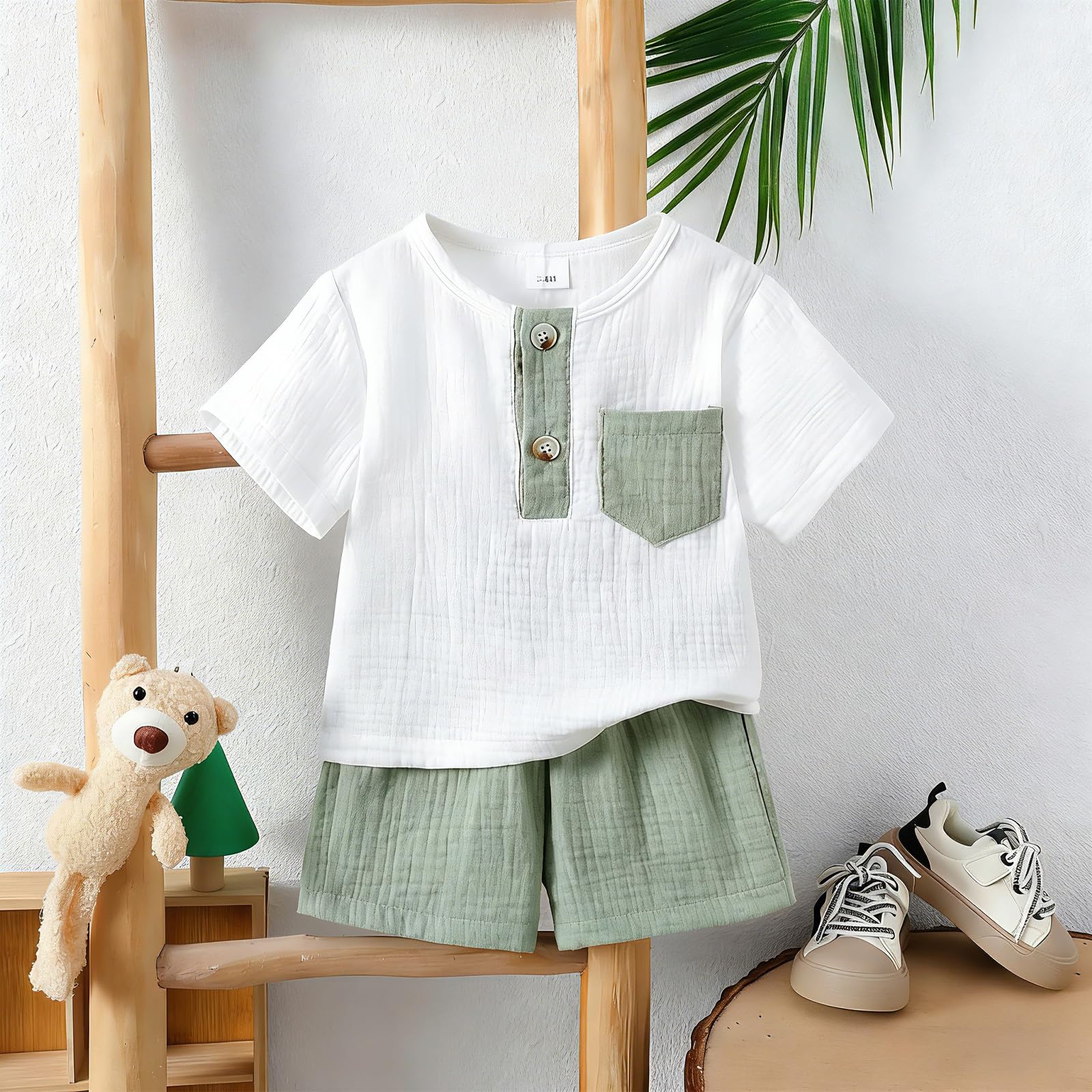 Conjunto de camisa y pantalones cortos Henley de manga corta para bebé, de muselina, color verde arrugado