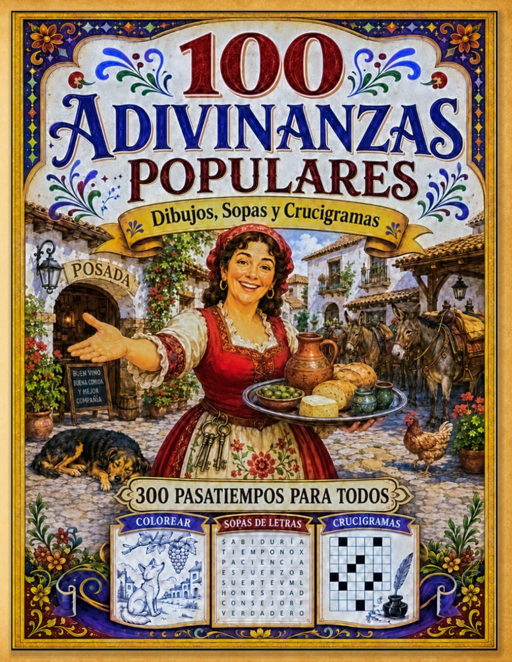 100 Adivinanzas Populares: 300 actividades para adultos y mayores. Enigmas populares para colorear, resolver y disfrutar con sopas de letras y crucigramas (Pasatiempos de la Cultura Popular Española)