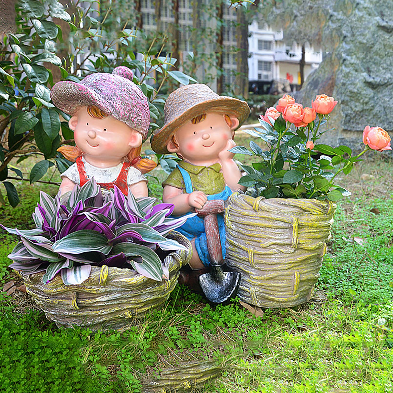 Grande Figura da Giardino con Vaso di Fiori Decorazione da Giardino per Esterni, Simpatico Personaggio dei Cartoni Animati da Statua Figura, Resistente alle intemperie,Verde,40x33x20cm