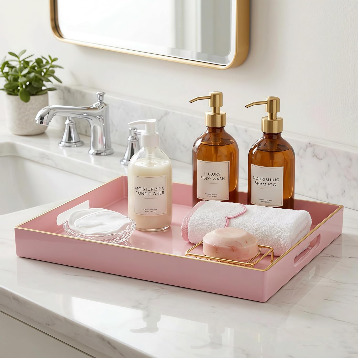 15.8" x 11.8" Pink Decorative Serving Tray with Gold Trim and Handles, Sturdy Rectangular Ottoman Tray for Living Room, Coffee Table, Kitchen Counter, Bathroom Vanity, Easy to Clean