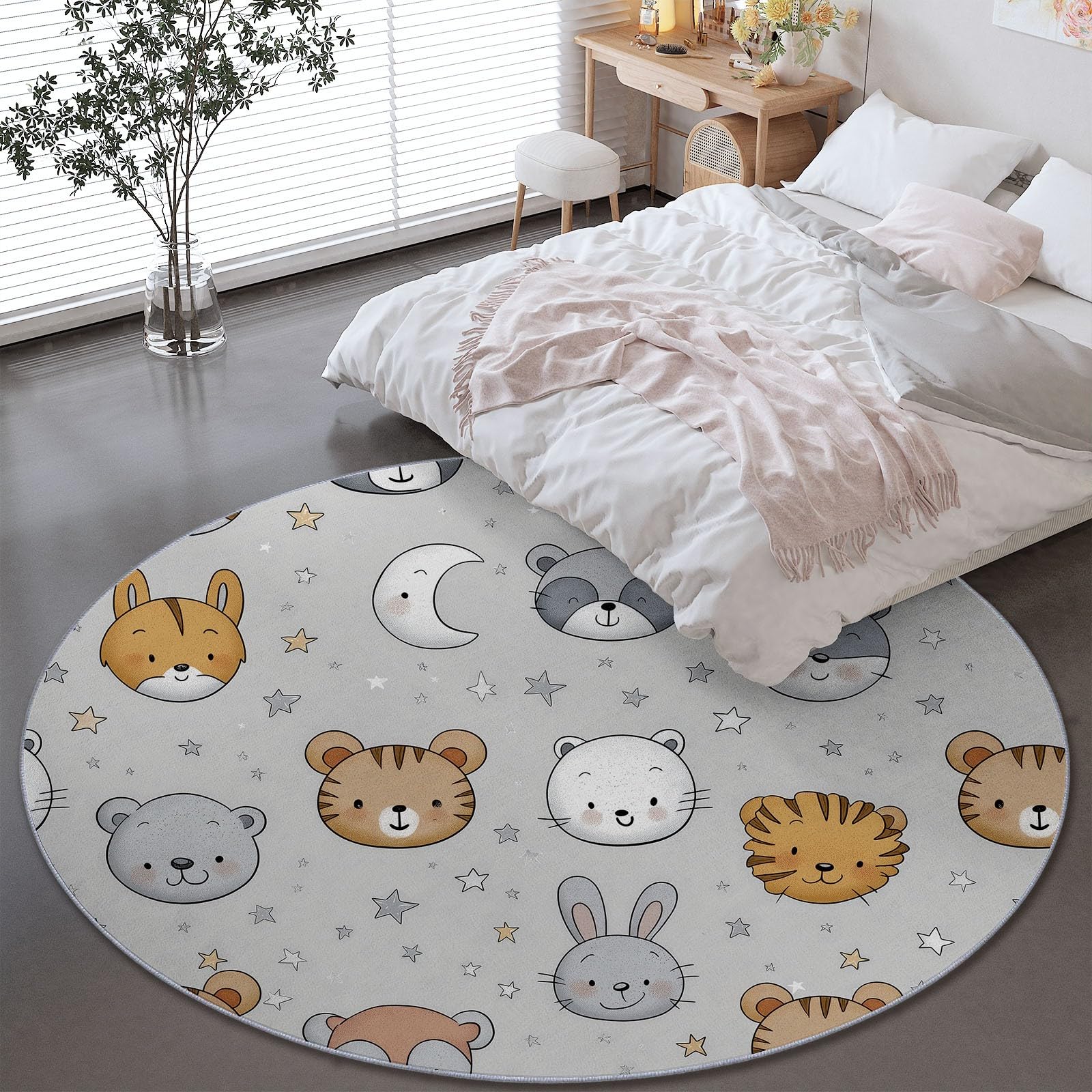 Générique Tapis Rond Dessin Animé Animaux Lune Étoiles - Décoration Intérieure Flanelle Tapis Rond De Foyer D'entrée Lavable Antidérapant pour Salon Chambre Cuisine Balcon Bureau 120 cm, Gris Clair