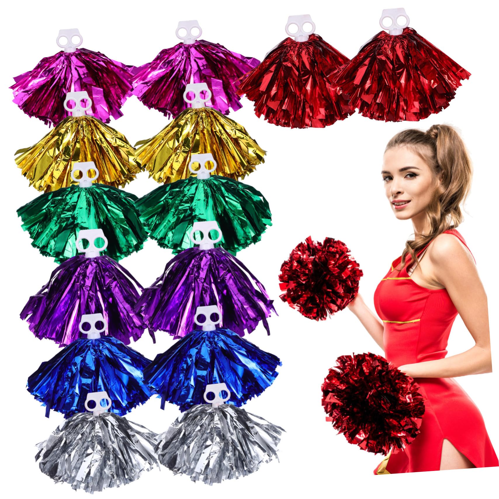 Gogogmee 7 Pairs Metallic Cheerleader Pom Poms with Finger Rings Fluffy Event Party Favors for Cheering Performance Supplies
