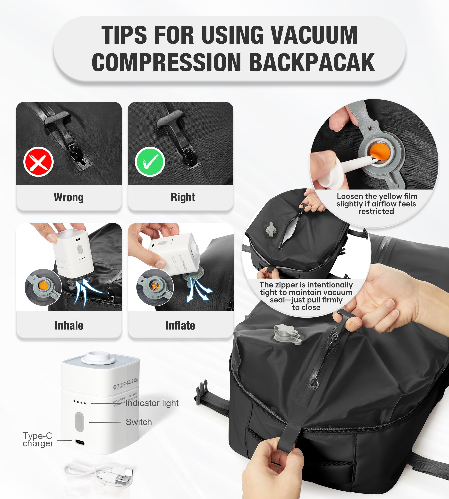 Zaino da Viaggio Grande Zaino Sottovuoto Con Pompa Donna da Escursionismo Sportivo da Esterno impermeabile Zaino Casual Laptop da 15.6 Pollici Borsa da Viaggio Uomo Nero