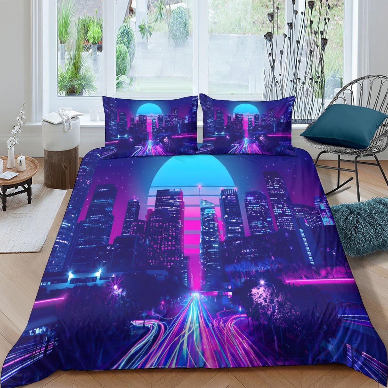 Ctjqhvkz Style-3 3D Printed Neon Cityscape Fitted Sheet Microfiber Soft Breathable Retro Futuristic Bed Cover For Bedroom Guest Room Decor Single（135X200cm）