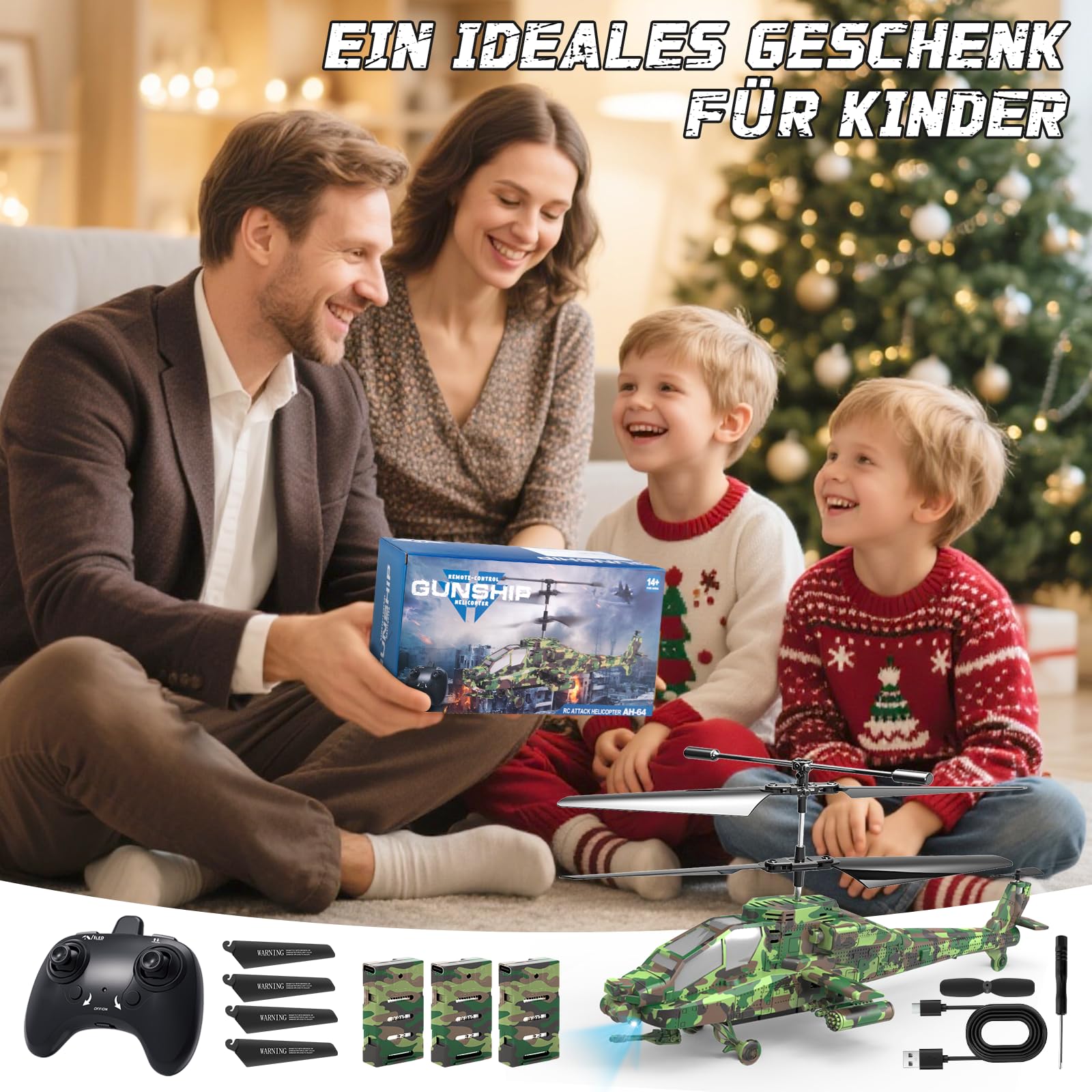 Charmofun Hubschrauber Ferngesteuert, 2,4Ghz RC Helikopter mit Licht und 3 Akkus, 40 Minuten Flugzeit, 3.5 Kanäle Helikopter Ferngesteuert mit Höhenhaltefunktion, Geschenke für Kinder ab 8 Jahre(Grün)