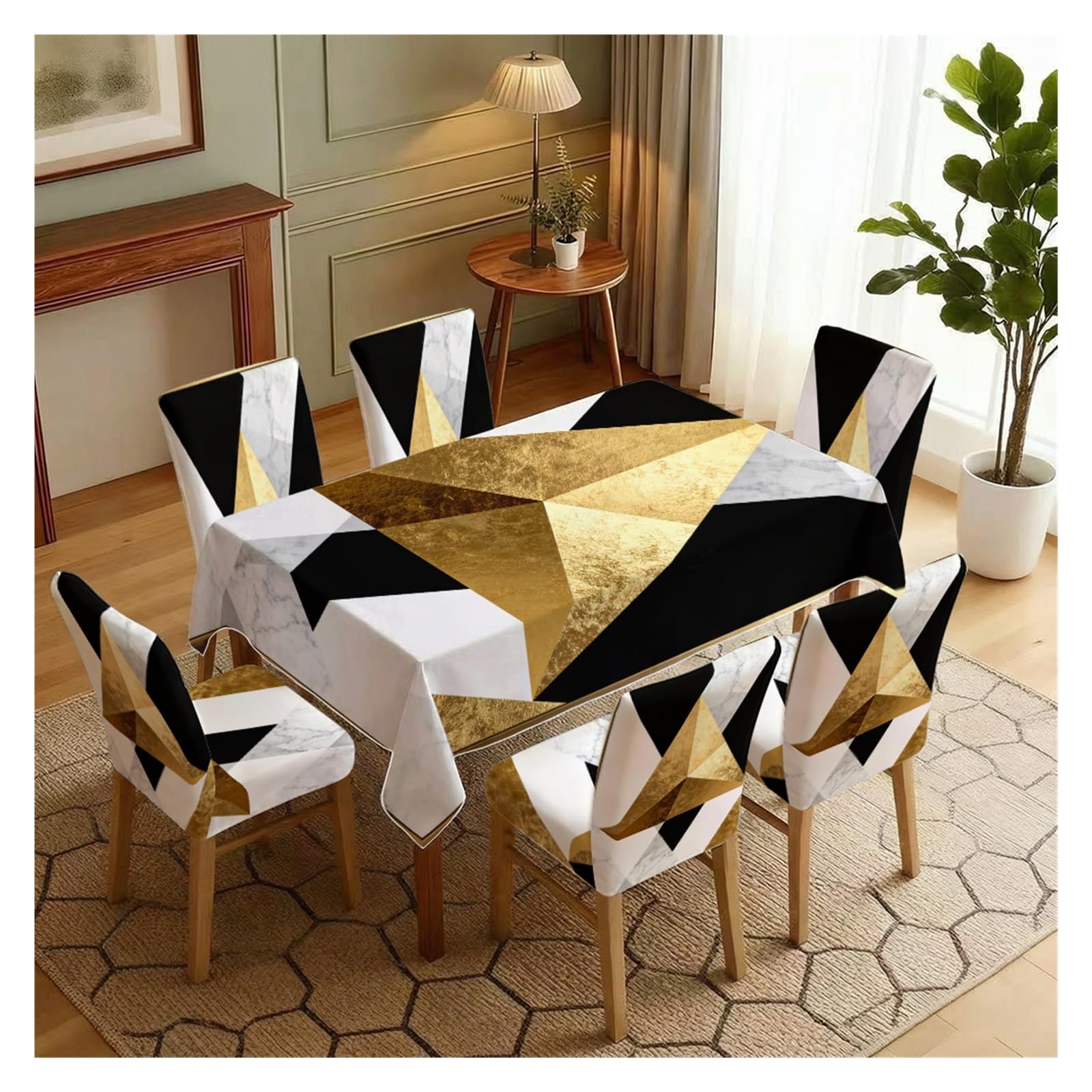 BOSUYBN Stretch Dining Chair Slipcover & Tablecloth Set, Black White Gold Geometric Marble Print, 5/7 Pack, Luxury Elegant Home Decor Table Setting(7pcs Set: Tablecloth+Chair Covers)
