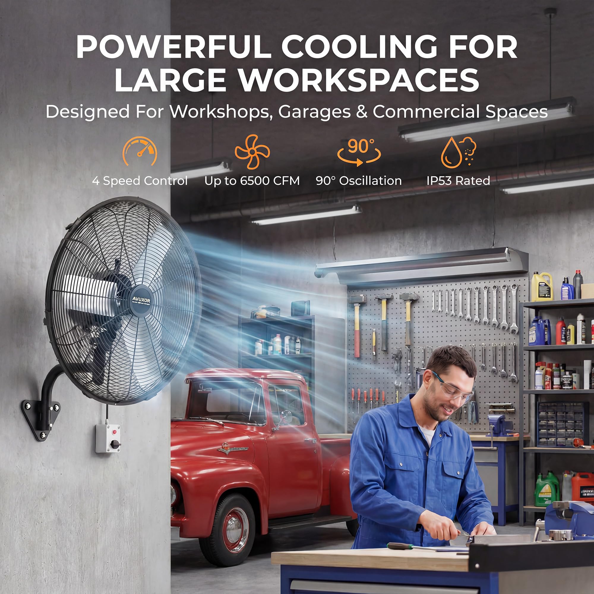 Ventilador de pared para exteriores de 24 pulgadas, ventilador de pared oscilante de 4 velocidades con motor CC sin escobillas sellado, ventiladores industriales resistentes, ventiladores impermeables