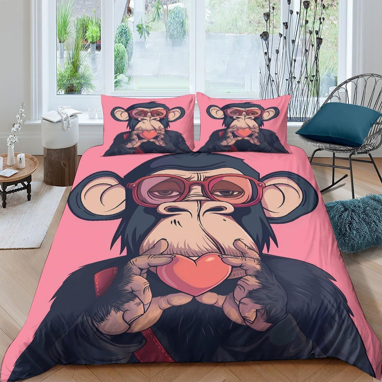 Ctjqhvkz Style-4 3D Printed Cartoon Monkey Fitted Sheet Microfiber Pink Artistic Bed Sheet For Bedroom Guest Room Decor Single（135X200cm）