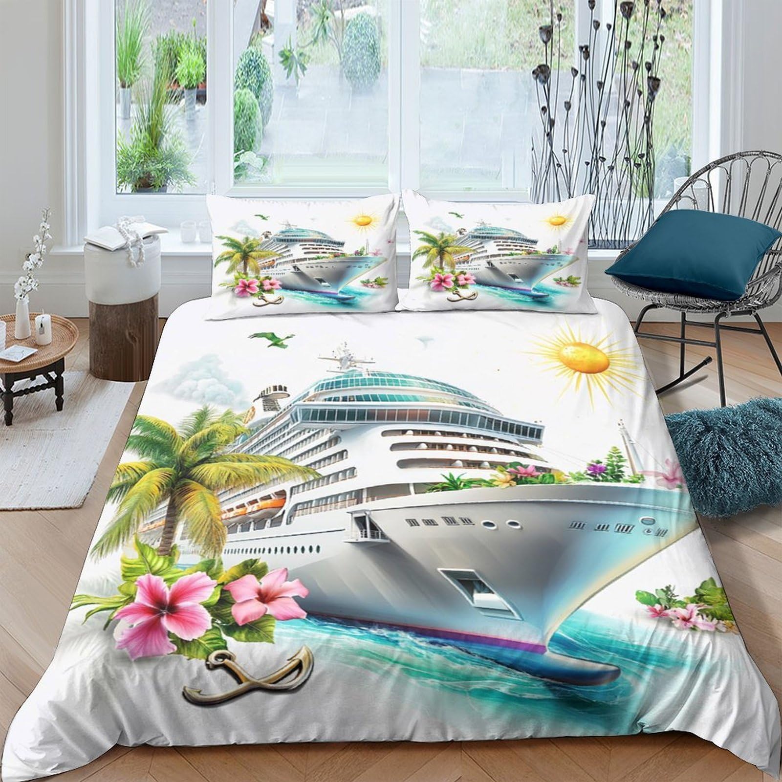 GPLZQXKJNH 3D Printed Cruise Ship Tropical Duvet Cover Microfiber Bedding Set with 2 Pillowcases, Breathable for Bedroom Decor Single（135x200cm）