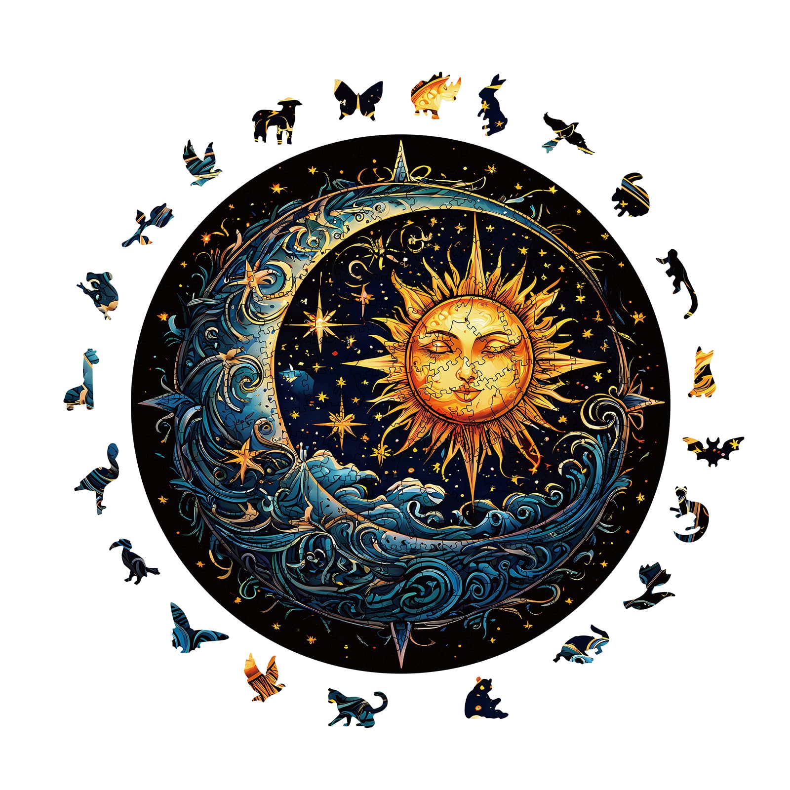 Wooden Puzzles for Adults, 200 Pieces Sun and Moon Uniquely Irregular Animal Shaped Wooden Jigsaw Puzzles, Creative Gift for Teenagers and Adults