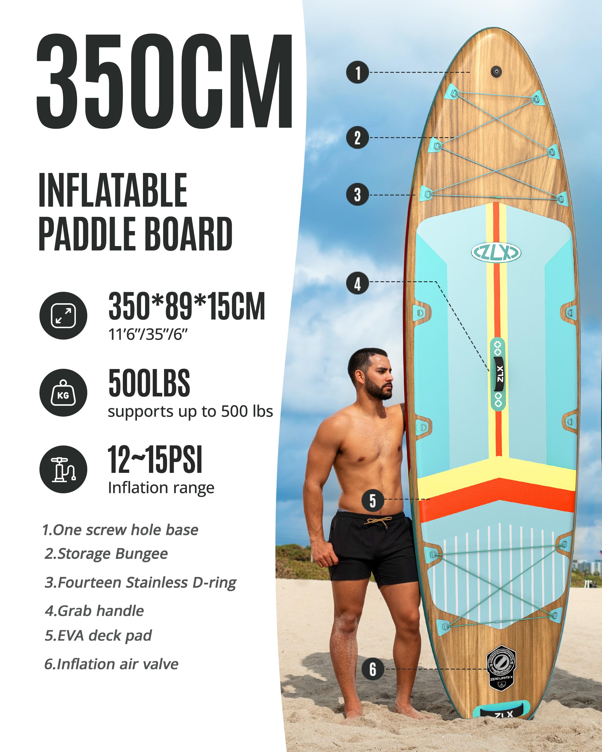 ZLX Paddle Board Gonflable 350cm - Planche SUP Stable, 250kg, Pack Complet Avec Pagaie