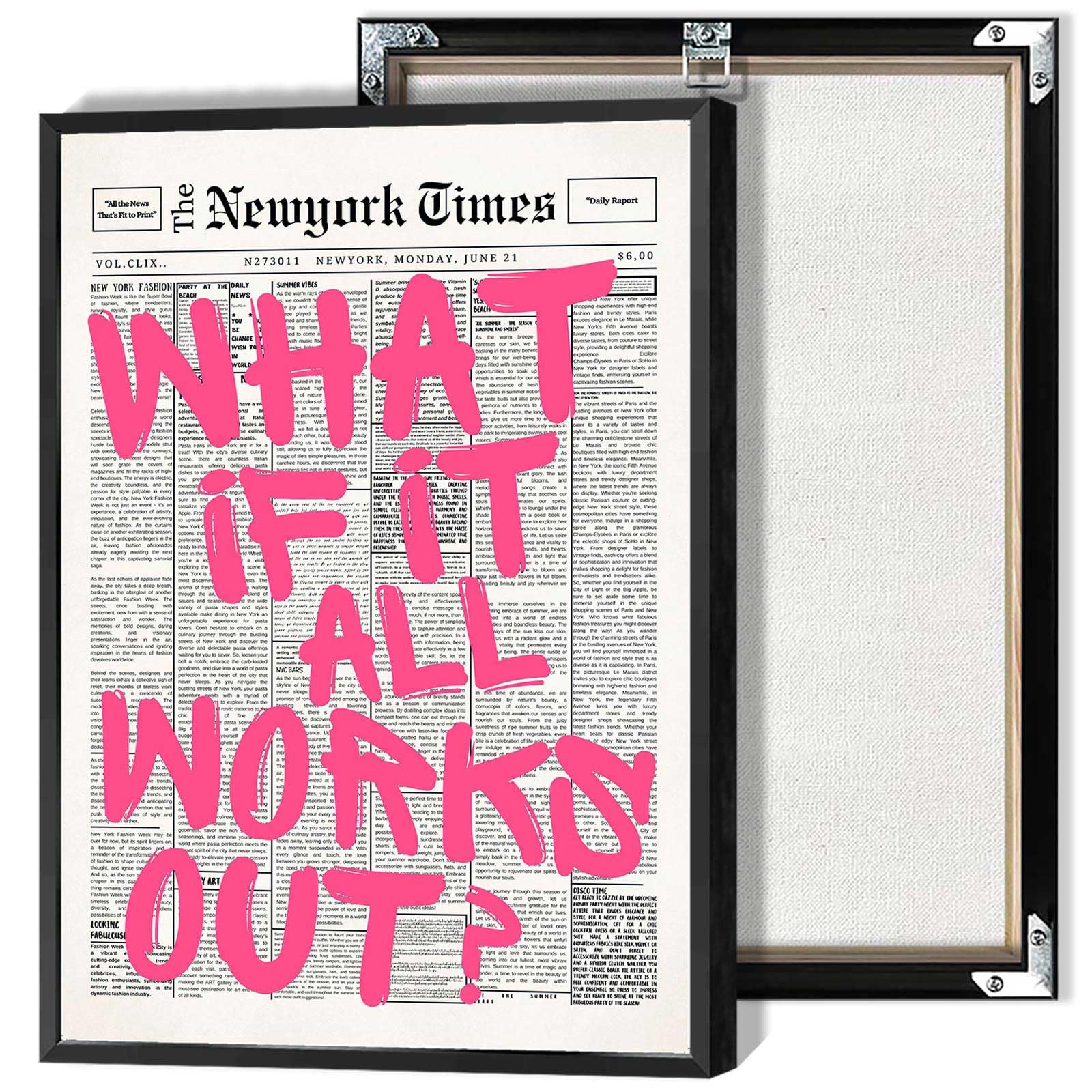 Drimiler Retro Newspaper Pink Font Poster What If It All Works Out Canvas Wall Art Positive Affirming Quote Minimalist Prints Painting For Home Bedroom Dorm Wall Decor 16x24in Framed