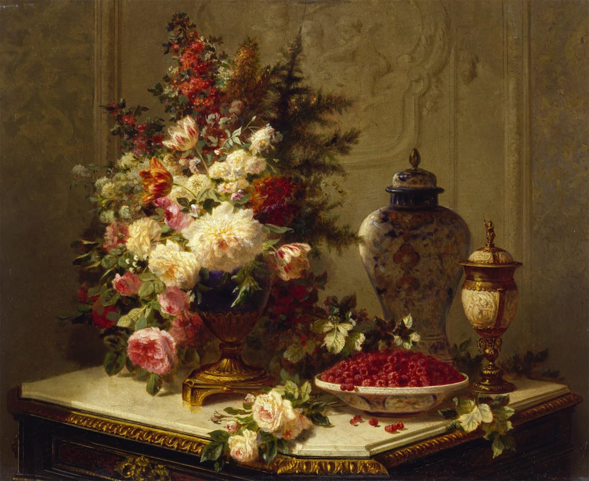 SERENDIPITP Retro Picture Poster Wall Art Pictures Painting Still Life with Flowers and Raspberries by Jean Baptiste Robie Wall Art Canvas Print for Wall Decor 60x90cm