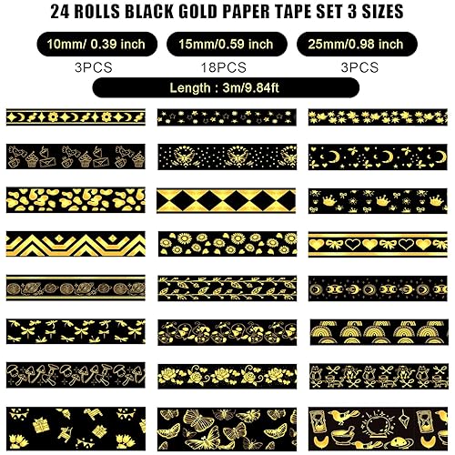 Miniatura 2 de Juego de 24 cintas washi negras y doradas, cinta adhesiva decorativa de lámina dorada negra, cinta adhesiva decorativa para álbumes de recortes,