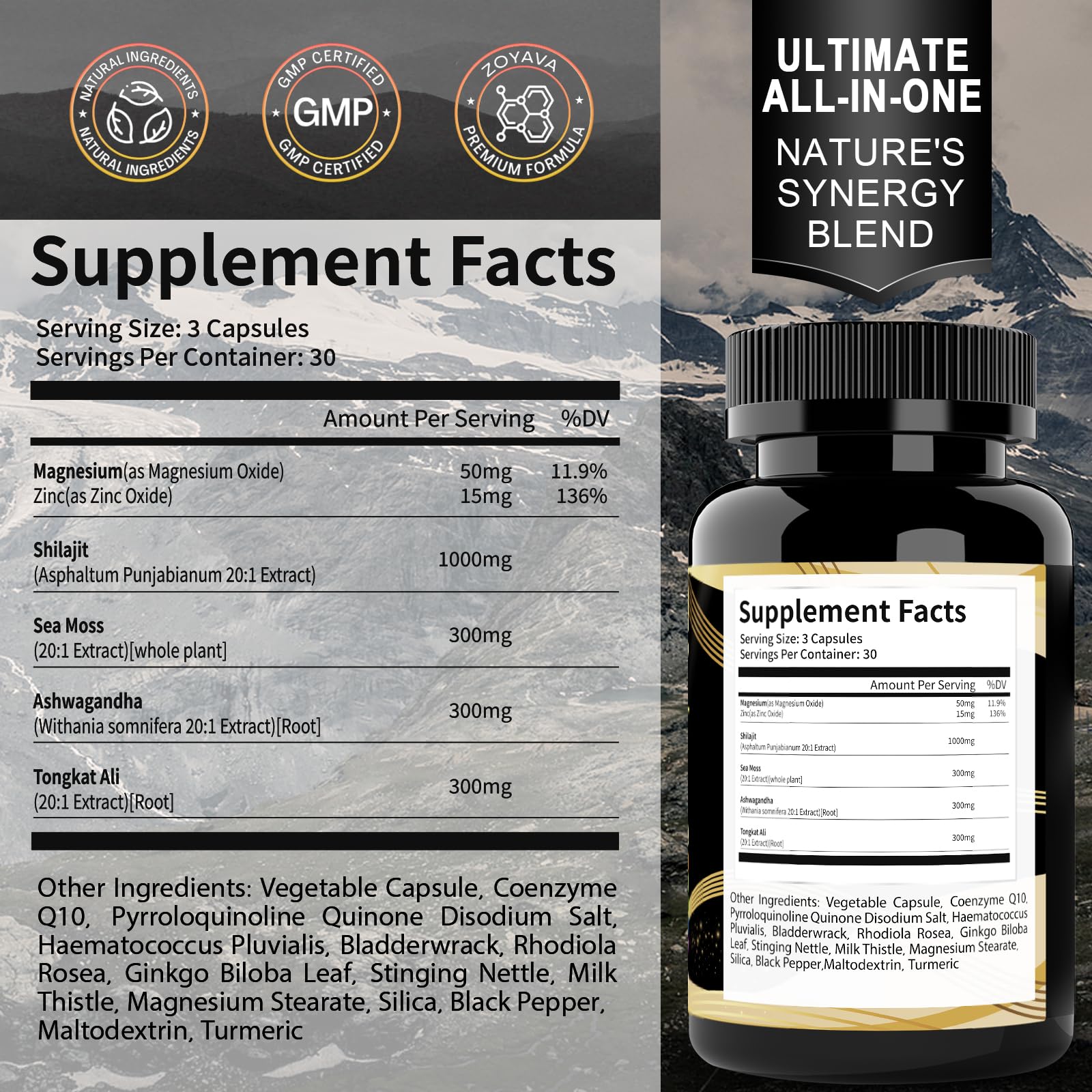 Shilajit Supplement with Sea Moss, Ashwagandha, Tongkat Ali - Shilajit Pure Himalayan Organic Fulvic Acid Capsules - 90 Count