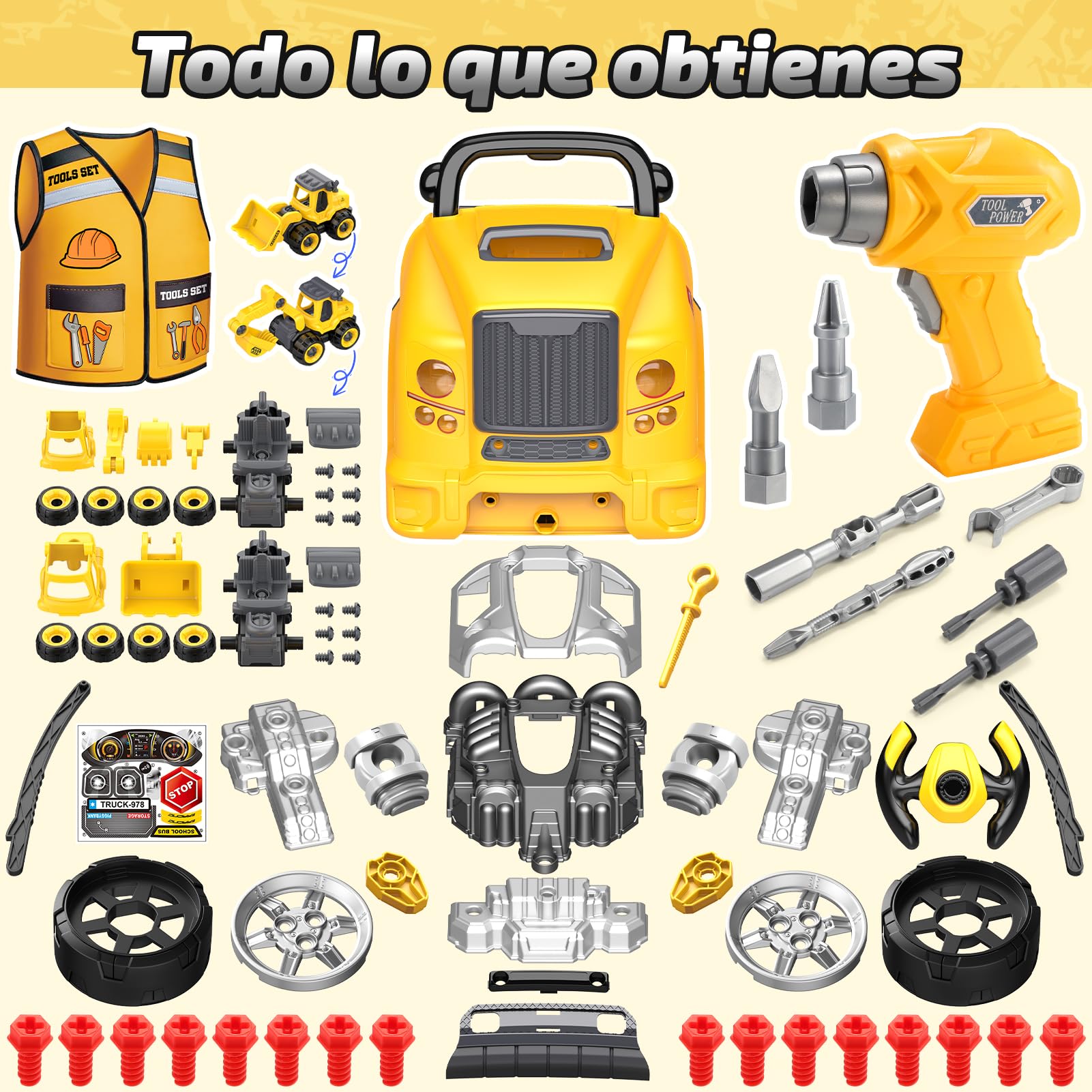Juguetes para Niños 3-8 Años: Juego de Herramientas con Camión Desmontable y Vehículo de Construcción con Disfraz de Constructor Incluido, Juguete Educativo Stem, Cumpleaños