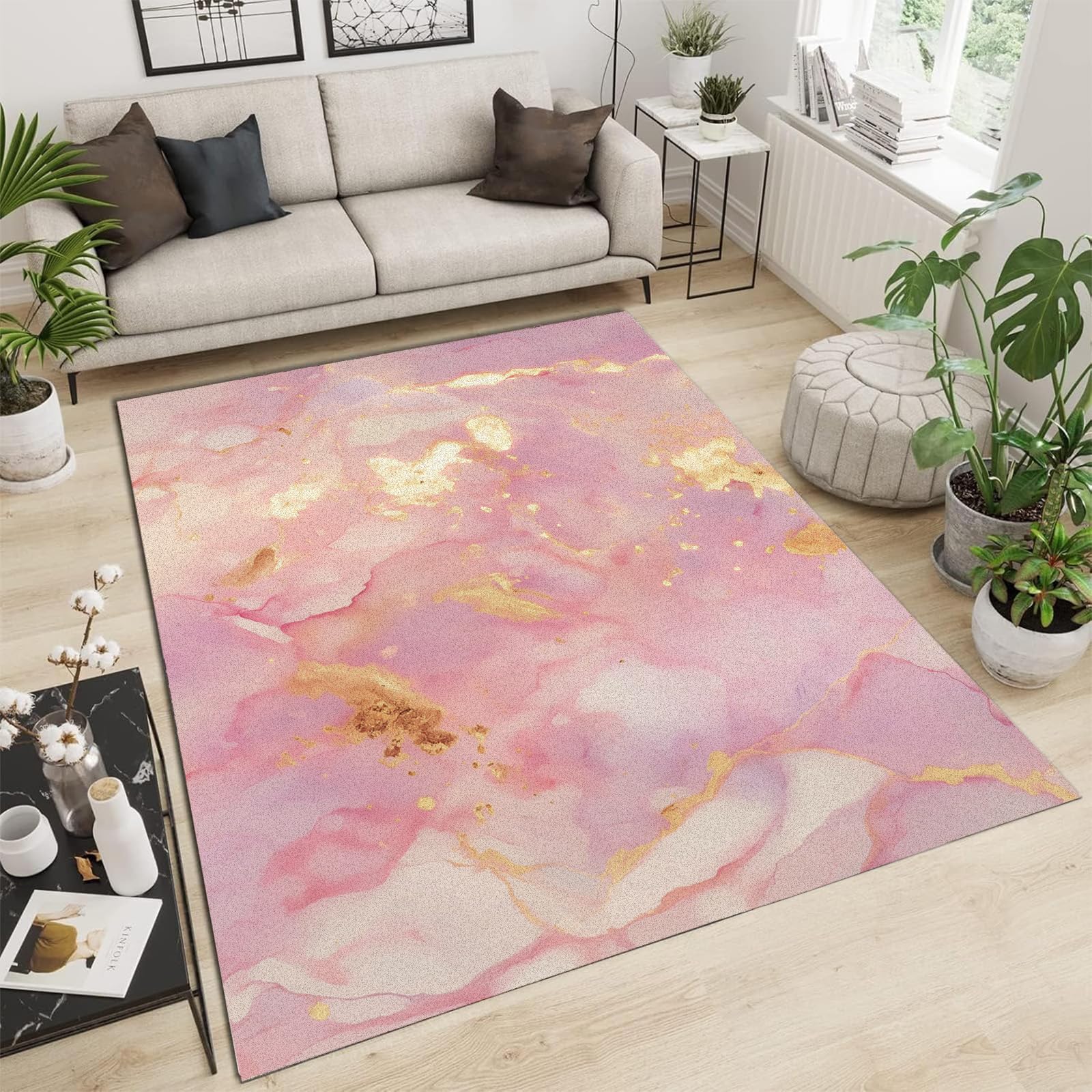 Tapis moderne motif marbre rose 150x210 cm antidérapant et lavable pour le salon et la chambre