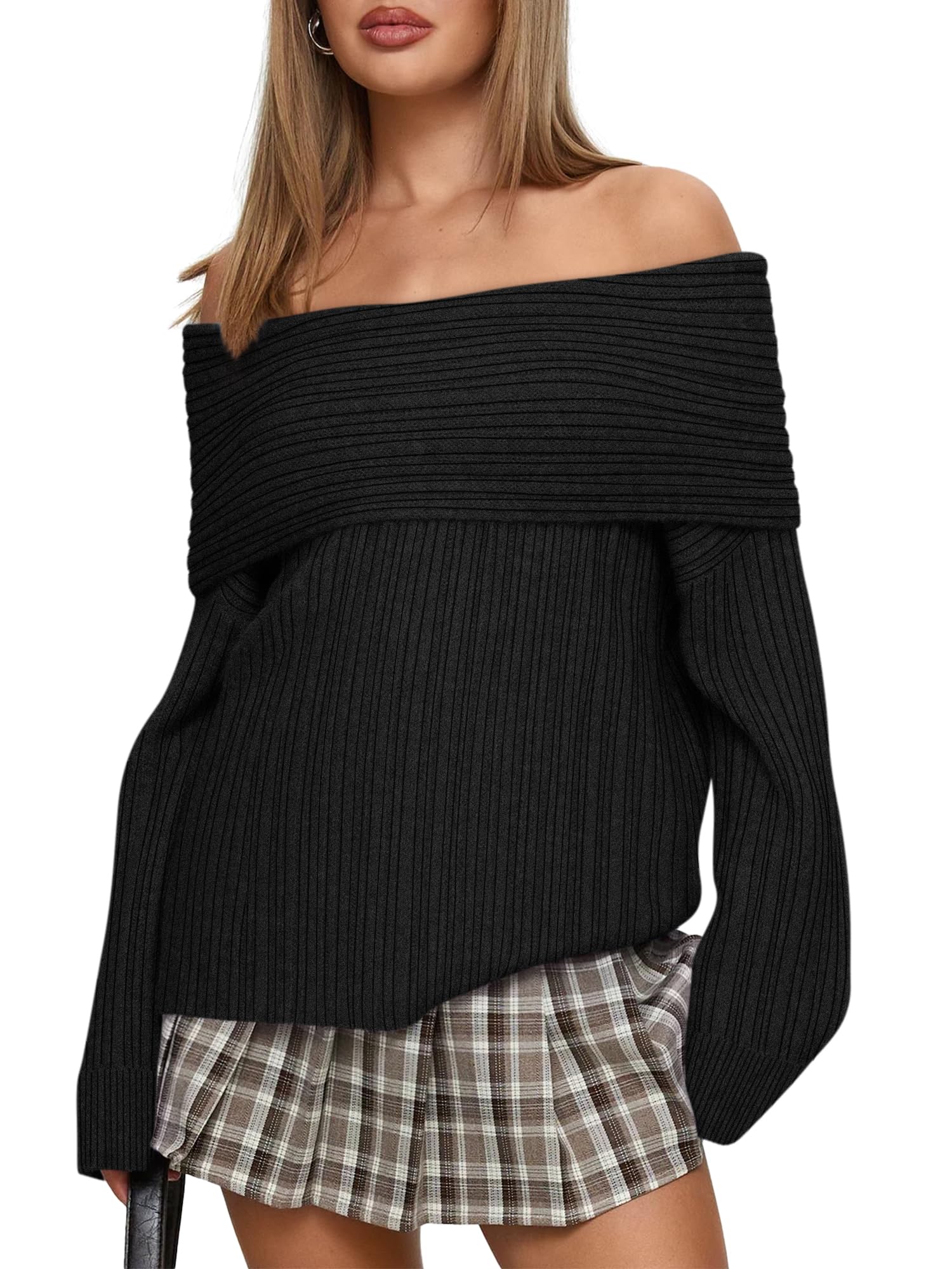 Womens Off The Shoulder Sweater Top Long Sleeve Fall Batwing Boat Neck Knit Sexy Casual Pullover