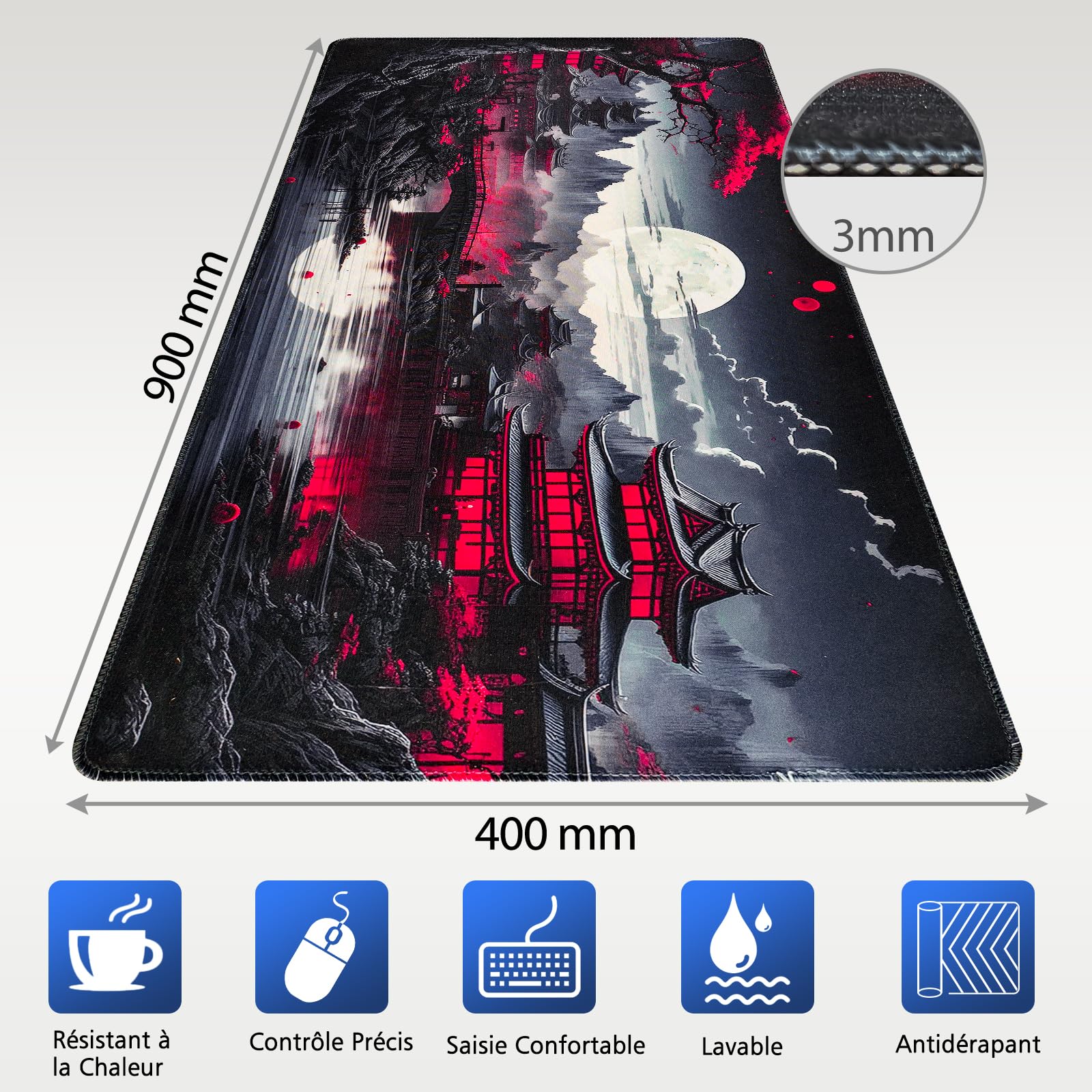 Niviy Tapis de Souris XXL 900X400mm Gamer Mouse Pad pour Bureau/Maison Base en Caoutchouc Antidérapante Tapis de Bureau à Bords Cousus Pleine Lune