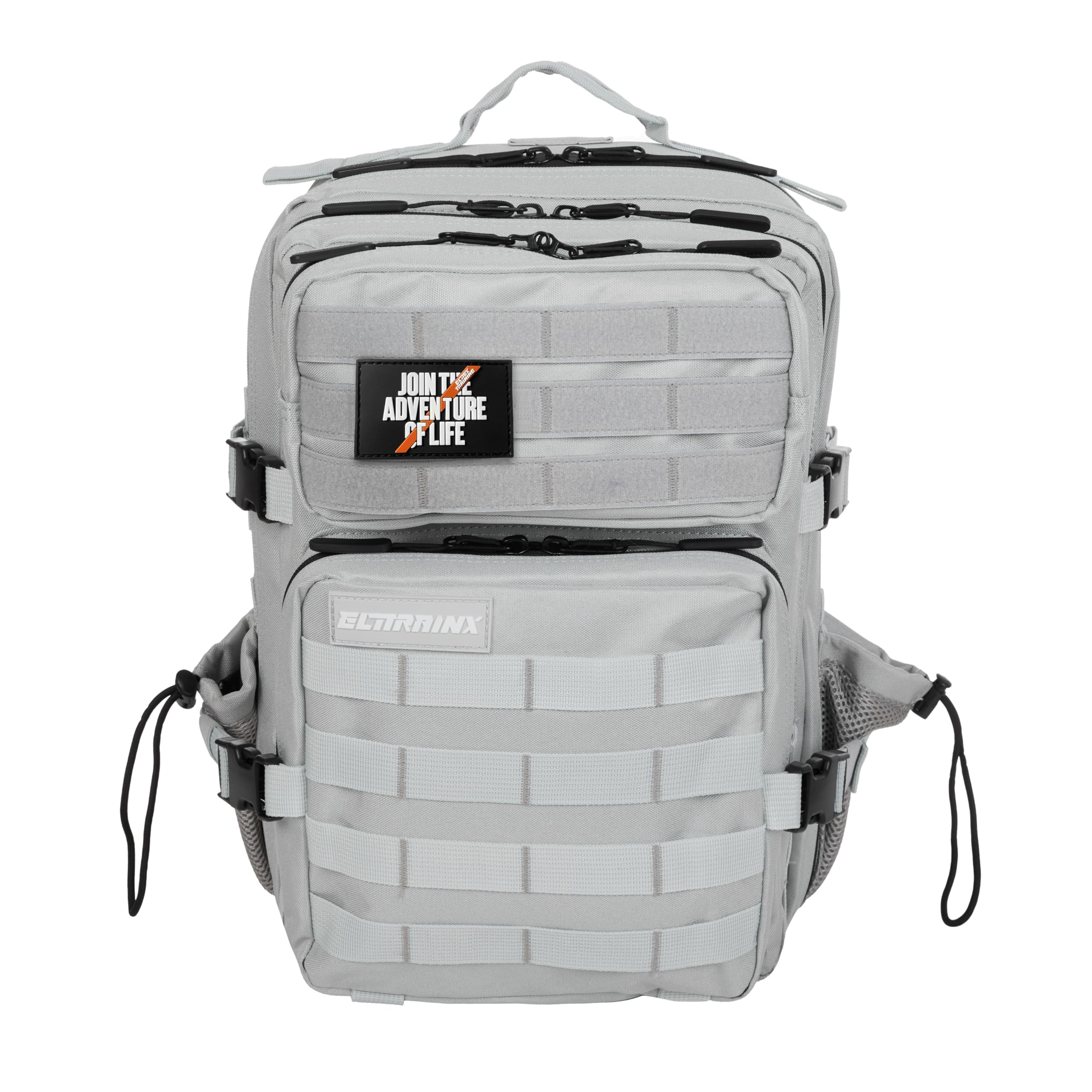 Elitrainx Elitex Training Sac à dos tactique en tissu Oxford 1000D imperméable 45 l avec emplacements pour patchs et compartiment pour ordinateur, bagage cabine en avion, salle de sport, Gris clair,