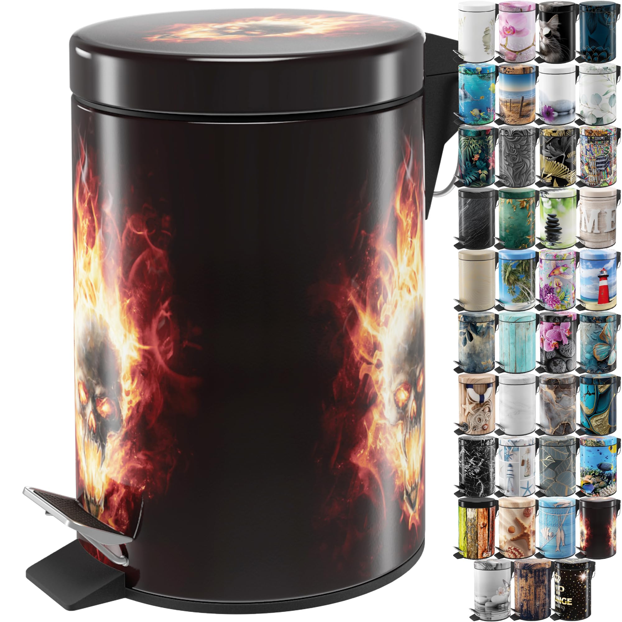 Sanilo Bathroom Bin 3L with Soft Close, Many New Cosmetic and Kitchen Waste Bins Available, Trash Can with Inner Bucket (Skull in Flames)