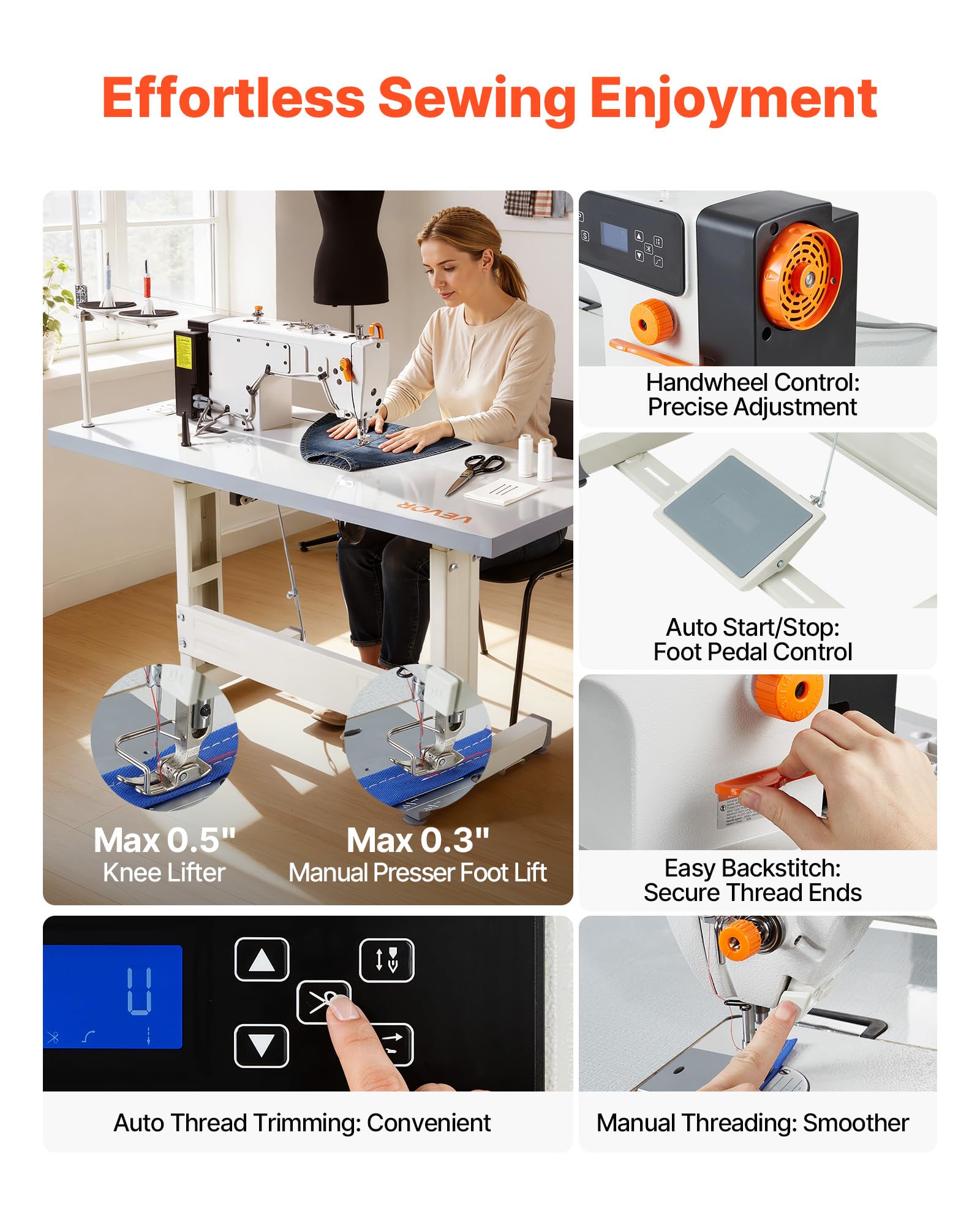 VEVOR Industrienähmaschine, 550-W-Nähmaschinen-Set mit Servomotor & Tischgestell, Automatischem Fadenabschneider, 5000 Stiche/Minute, LCD-Display, LED-Beleuchtung, für Baumwolle & Denim