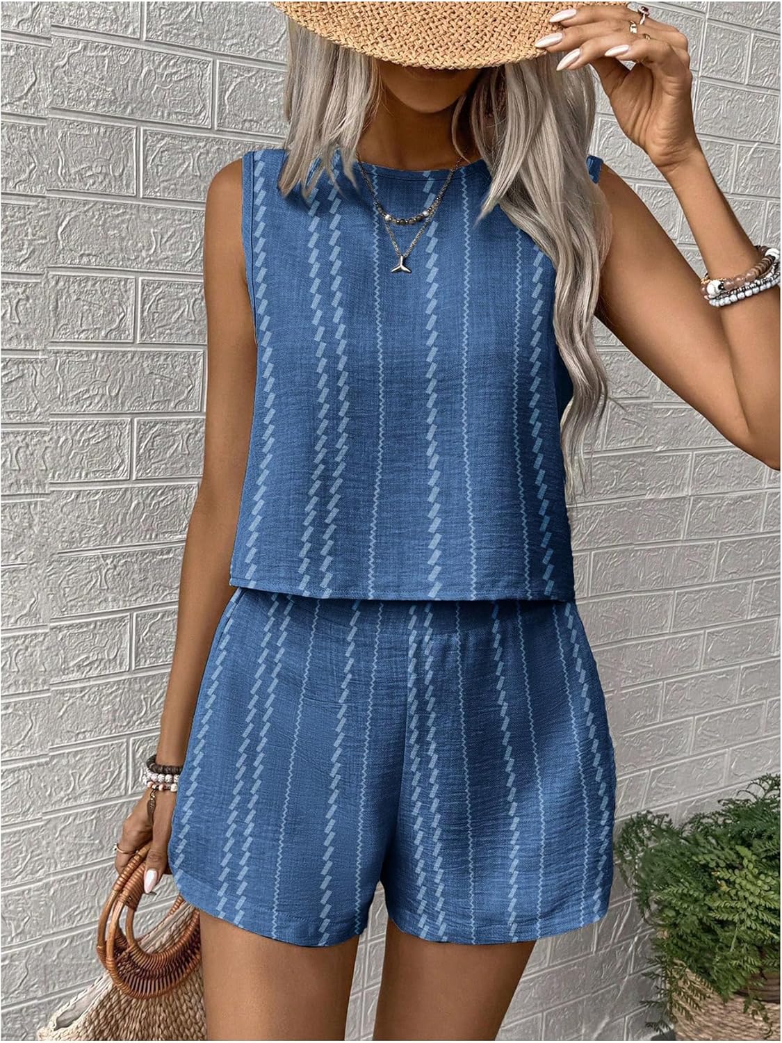 MakeMeChic Women's 2 Piece Outfits Striped Crew Neck Tank Top and Wide Leg Shorts Set - Image 6