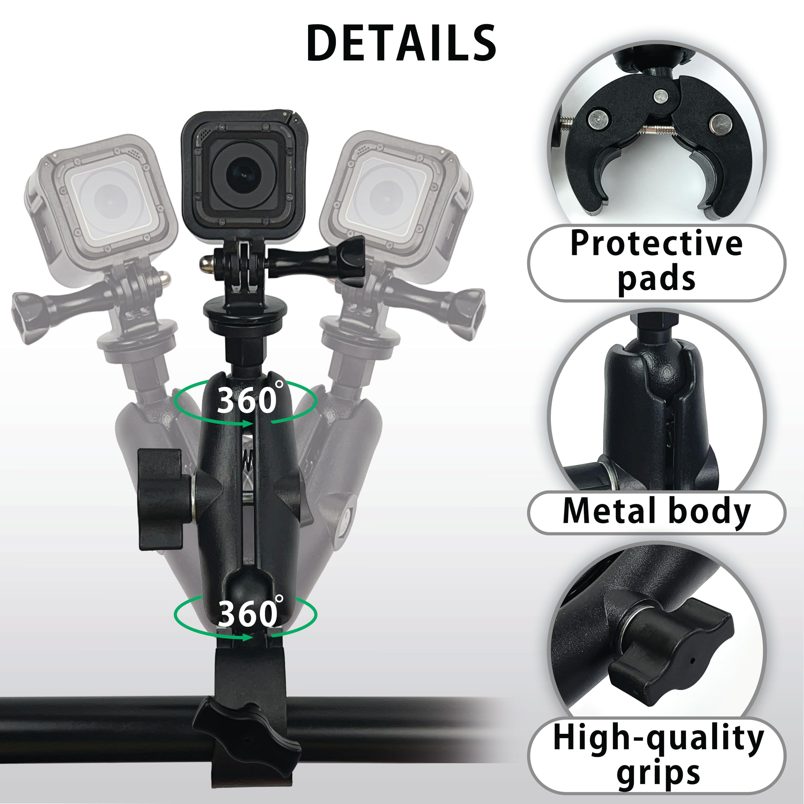 MyGadget Metalowy uchwyt na kierownicę motocykla i roweru do GoPro - z 2 głowicami kulowymi 360° - w tym śruba z hakiem J i śrubą 1/4 - czarna