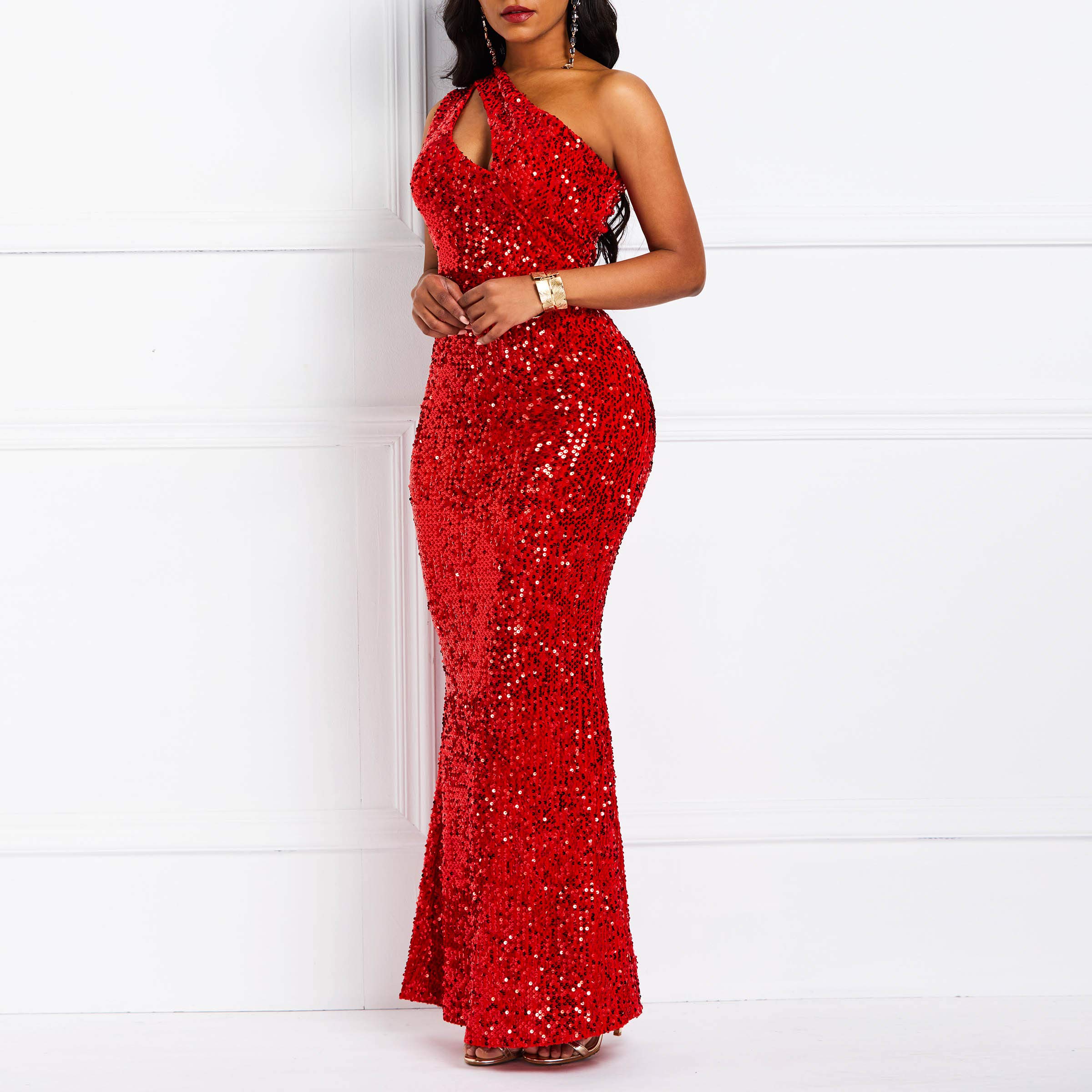 VERWIN Robe moulante sans manches à col oblique sirène à paillettes pour femme