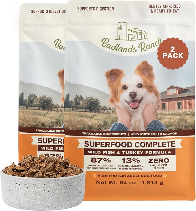 Ração seca para cães Badlands Ranch de peixe e peru, secagem ao ar, 87% carne, 1,81 kg, pacote com 2