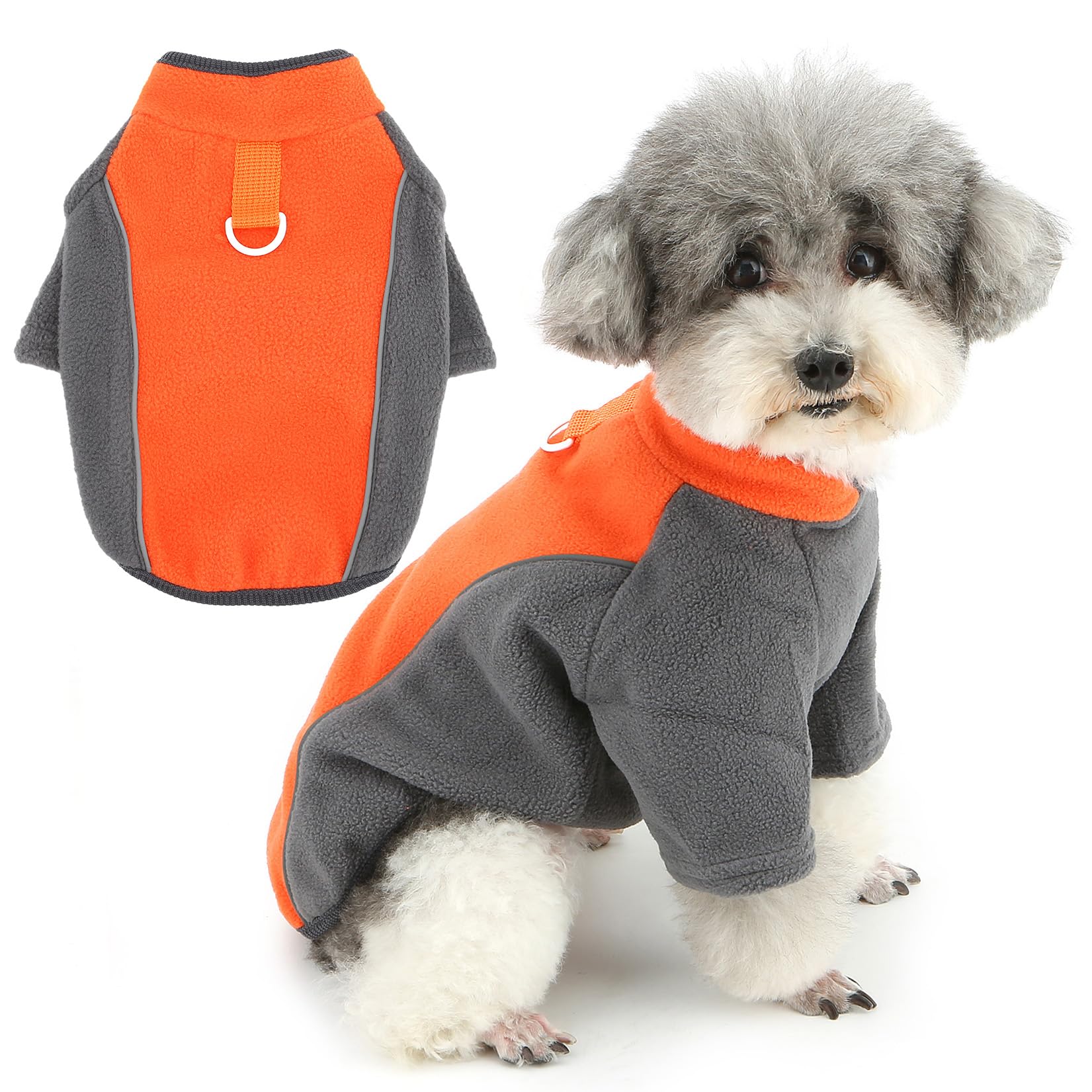 Zunea Color Patchwork Fleece Dog Jumper for Small Dogs Reflective Pullover Sweater Coat with Leash Ring Soft Warm Fall Winter Puppy Clothes Cold Weather Sweatshirt Pet Chihuahua Apparel Orange L
