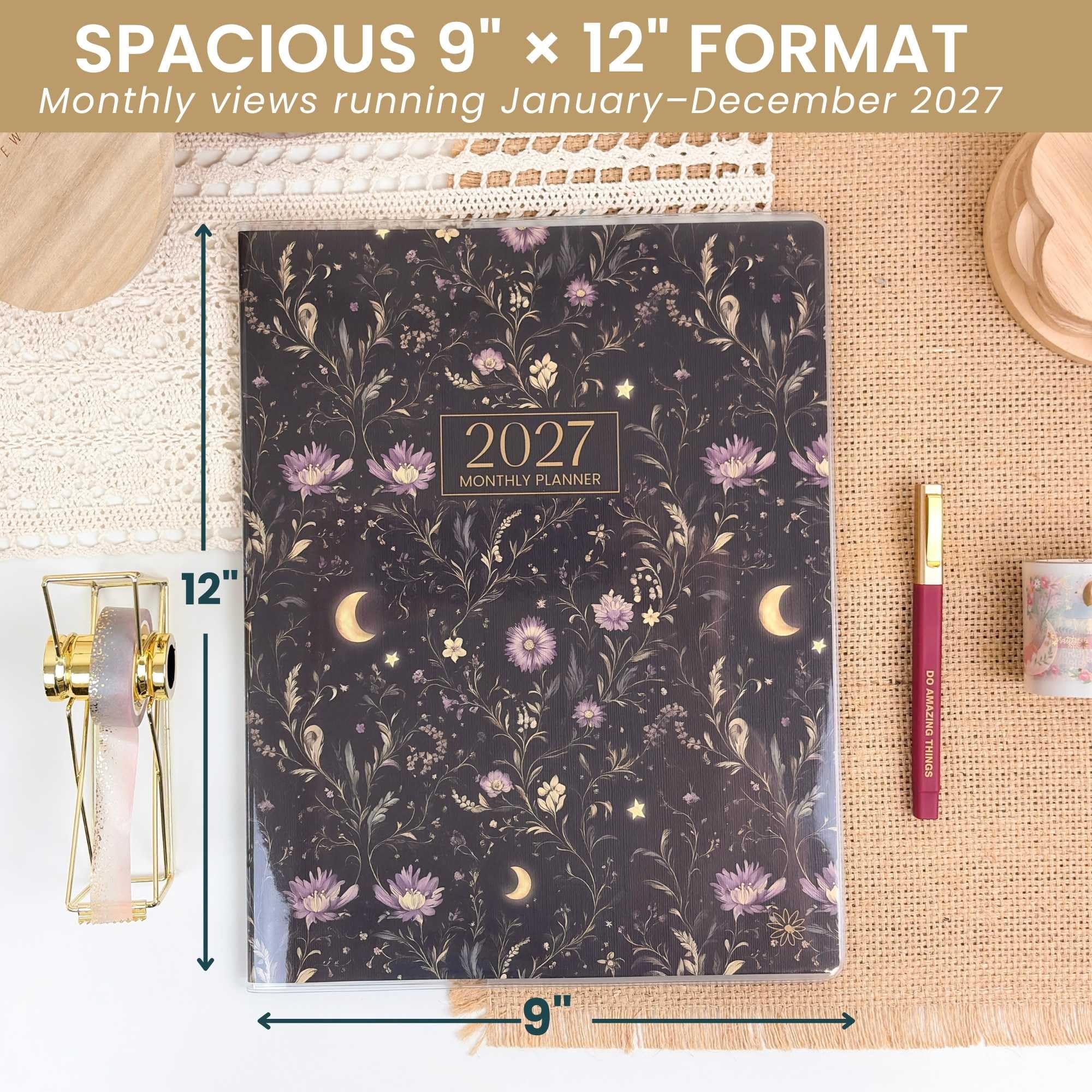 bloom daily planners Calendrier mensuel 2027 (janvier 2027 à décembre 2027) – Grand agenda floral de 22,9 x 30,5 cm – Jardin au clair de lune