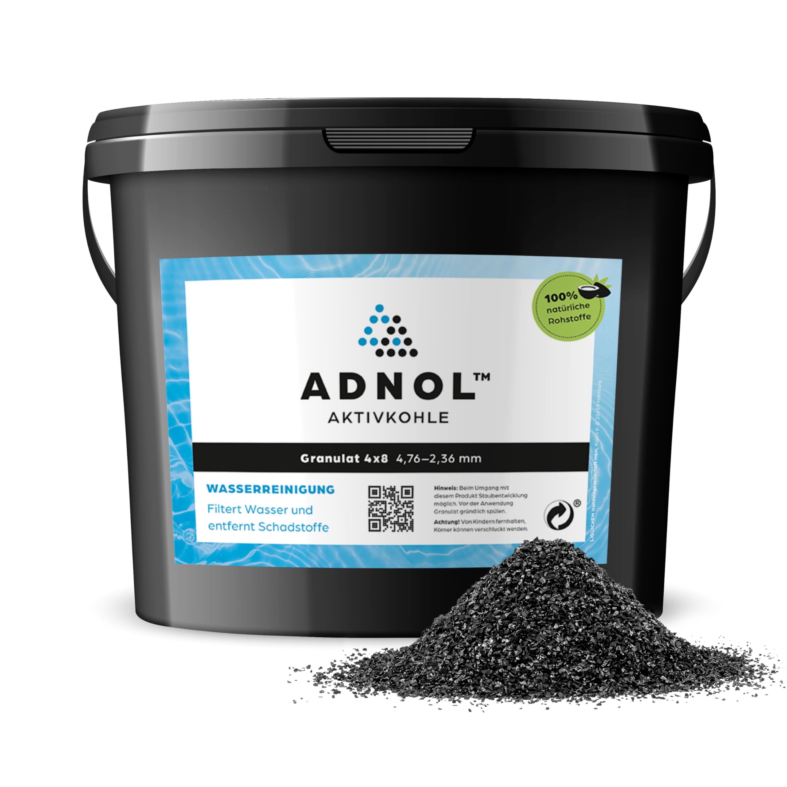 Aktivkohle Granulat 5 Liter aus Kokosnussschalen für Wasserfilter für Aquarium und Teich, Mesh 4x8, Körnung 4,76-2,36mm, Energieklasse A, als Carbon Filter verwendbar